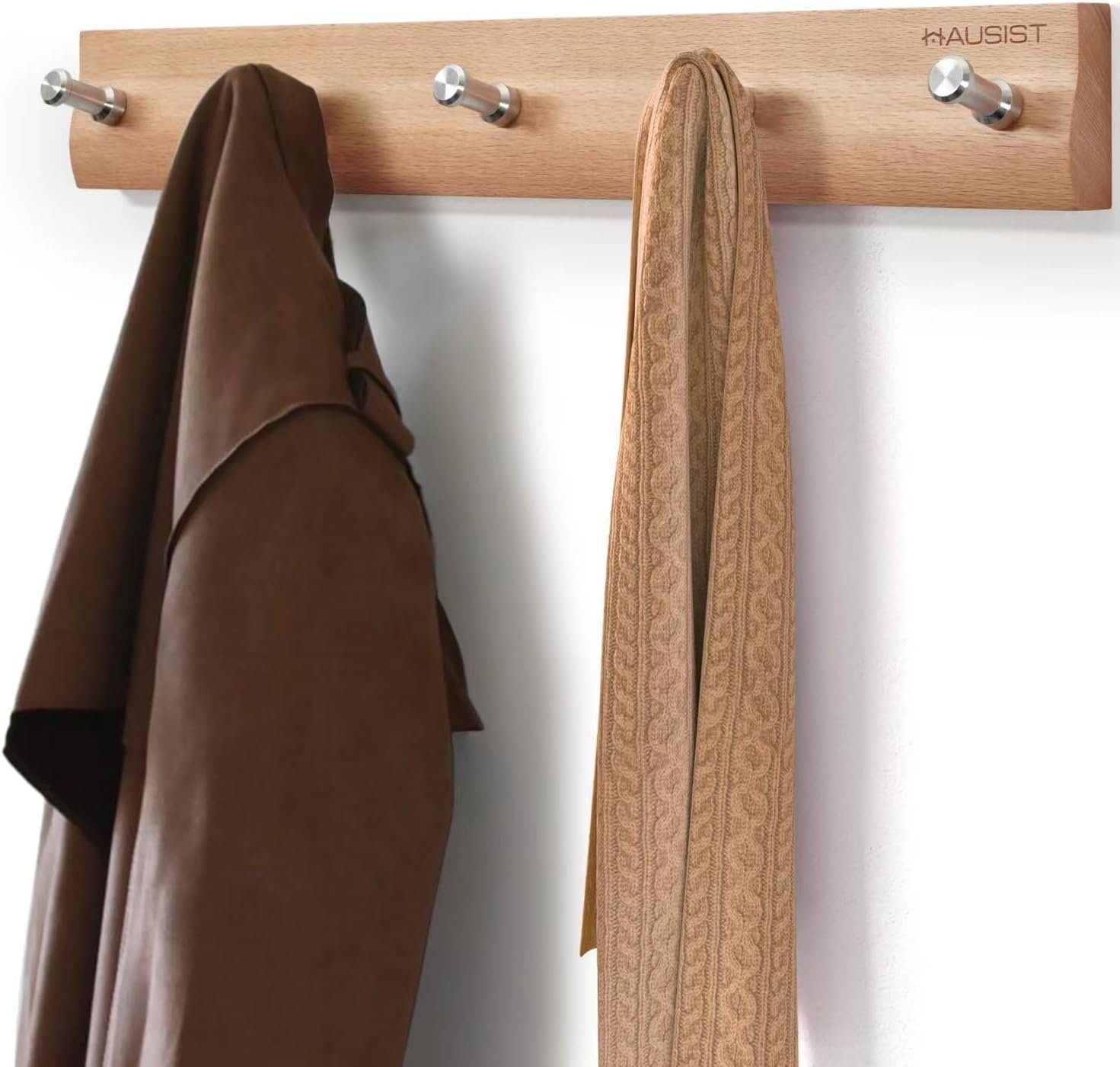 HAUSIST Garderobenhaken Garderobe mit 5 Wandgarderoben aus Wandgarderobe Hakenleiste, Flure, Kleiderhaken, für Edelstahlhaken, Bucheholz Holz