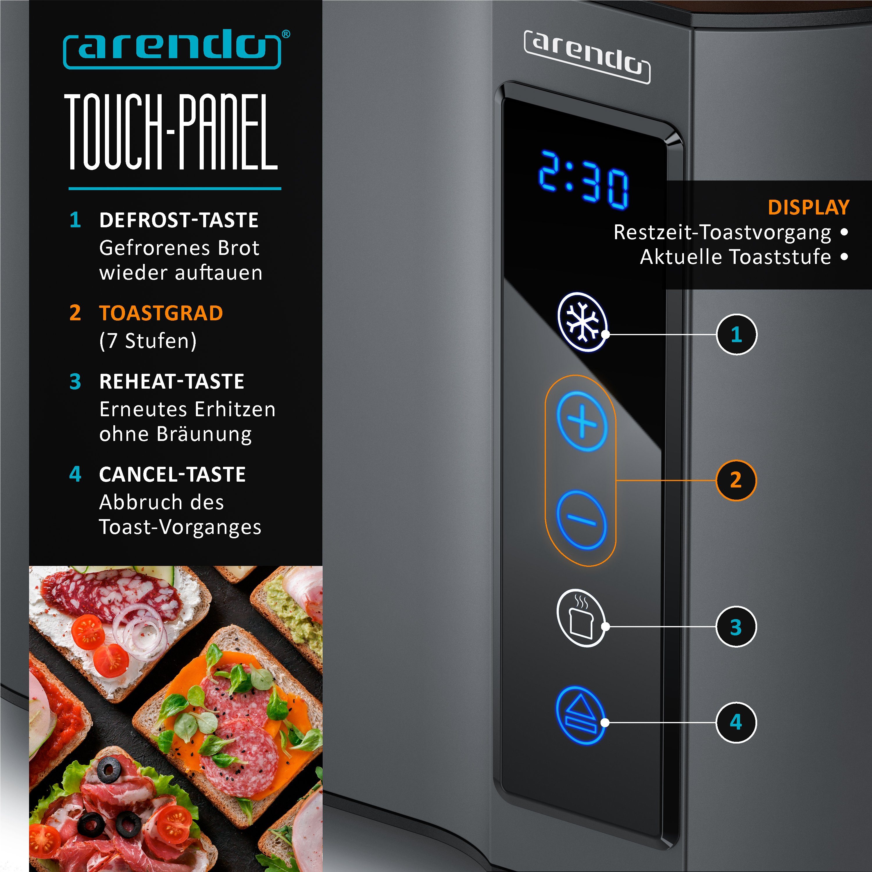 Arendo Toaster 2-Scheiben, Wärmeisoliertes Doppelwandgehäuse, Display Restzeitanzeige, 2 kurze Schlitze, für 2 Scheiben, 800 W, Kurzschlitz, Brötchenaufsatz, 7 Bräunungsgrade, Touchpanel