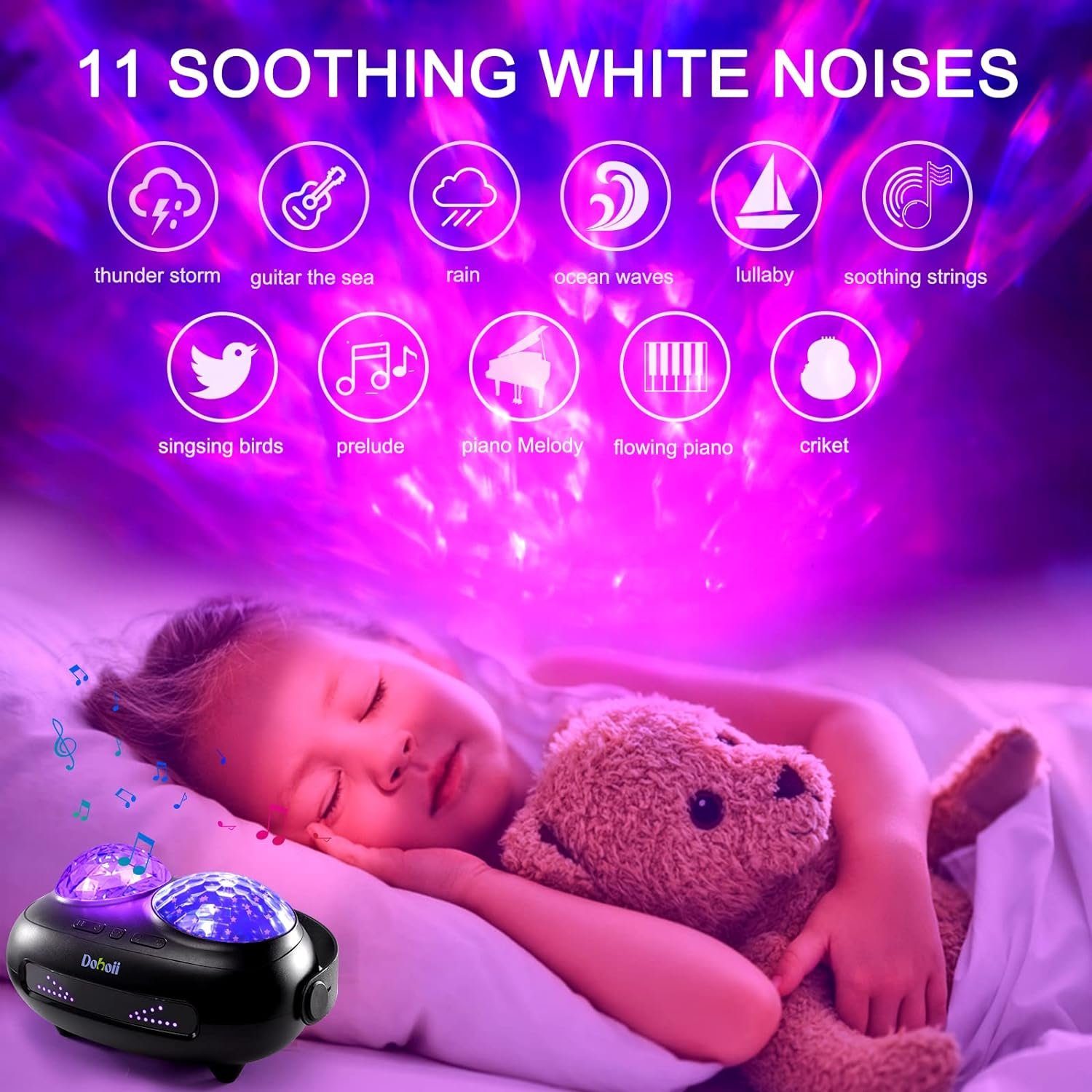 Daskoo LED Nachtlicht mit Projektor Galaxy, Kinder Sternenhimmel fest LED Fernbedienung/Bluetooth/Musikspieler/Dual-Projektionslinse LED Party, integriert, Geschenk, Schwarz für