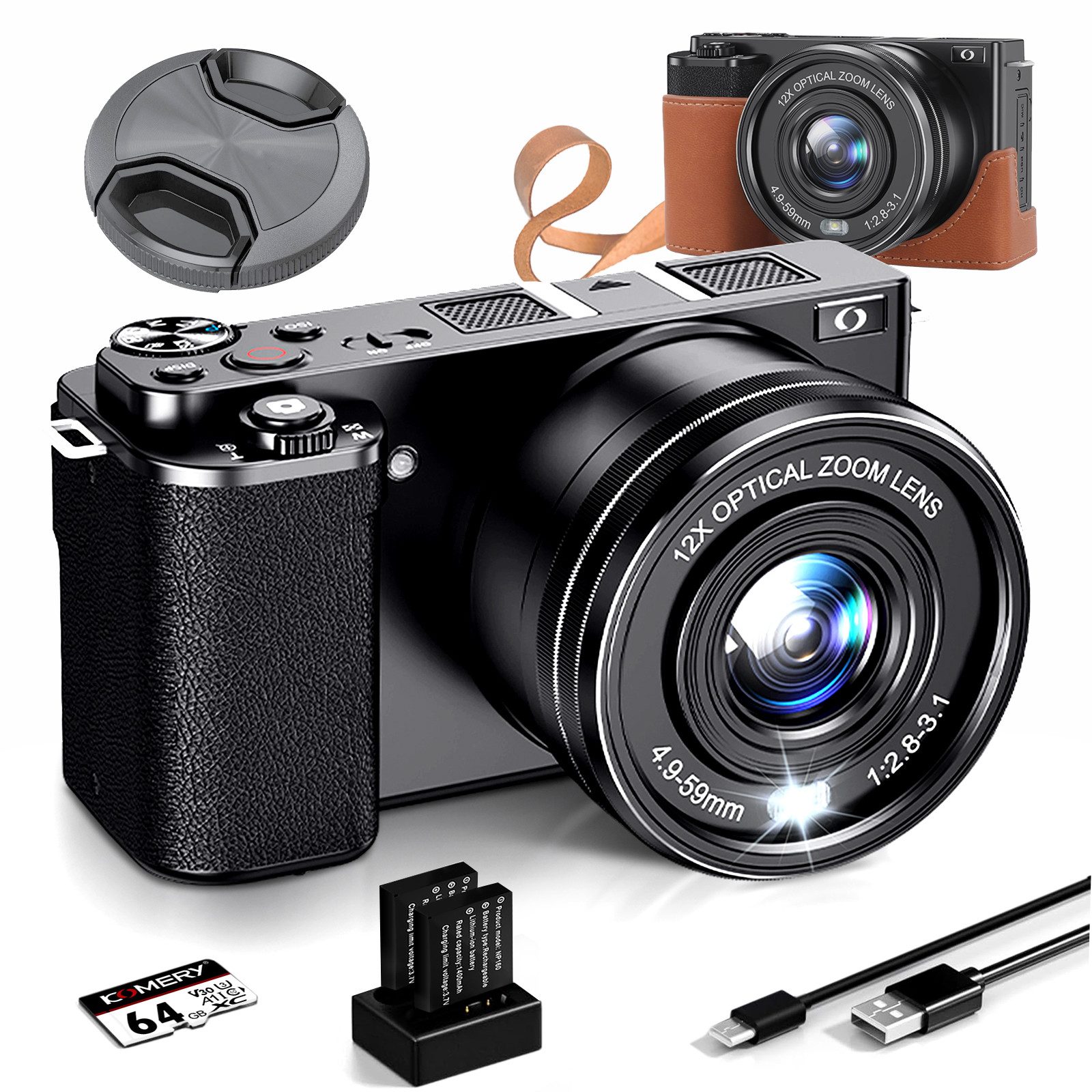 Fine Life Pro 64MP Digitalkamera für Einsteiger mit 4K Video – Kompaktkamera Kompaktkamera (2 Akkus + Lederhülle Perfekt für Reisen, Vlogs & Familienfotos)