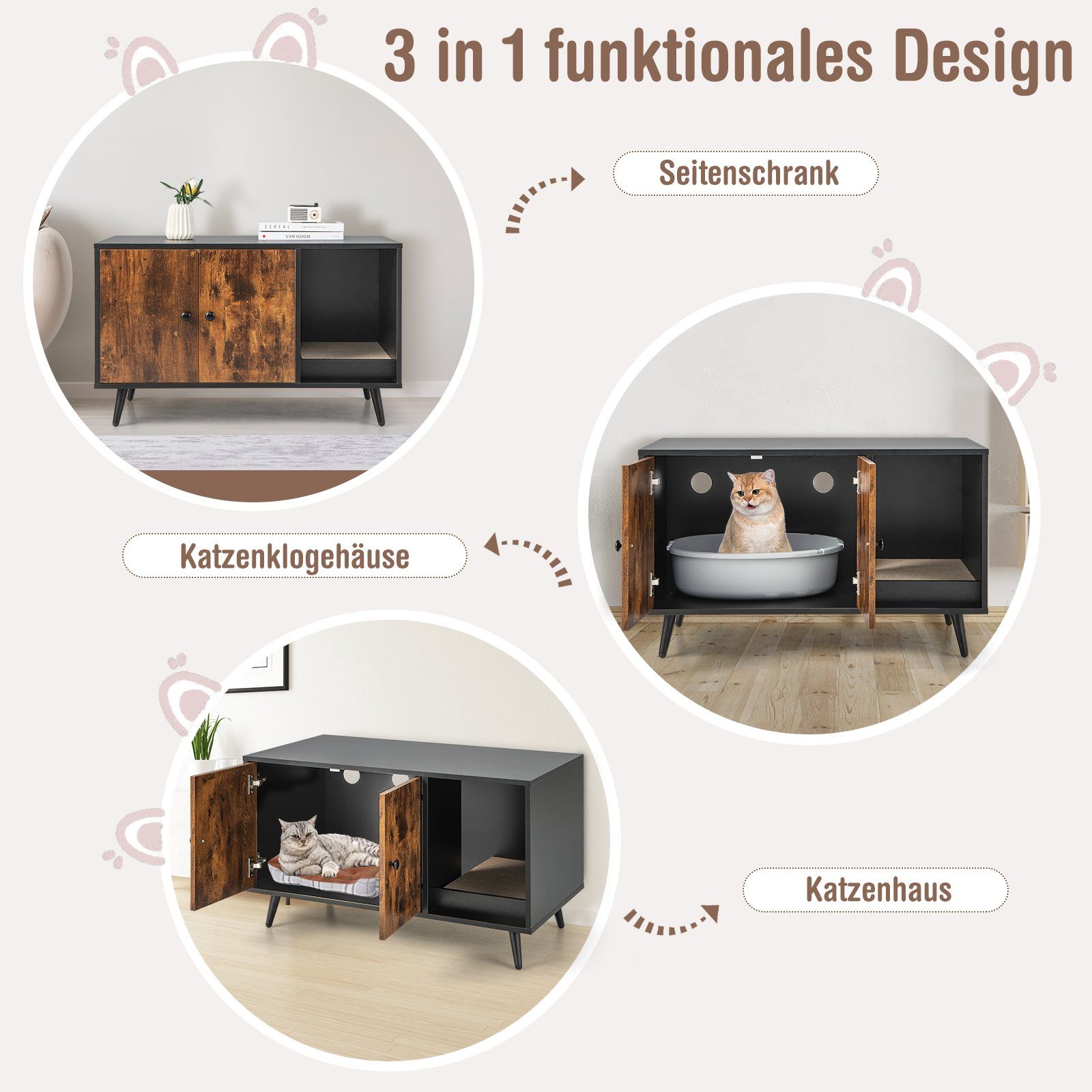 COSTWAY Tierhaus 2 in 1 Katzenschrank Beistelltisch, 90x50x54cm
