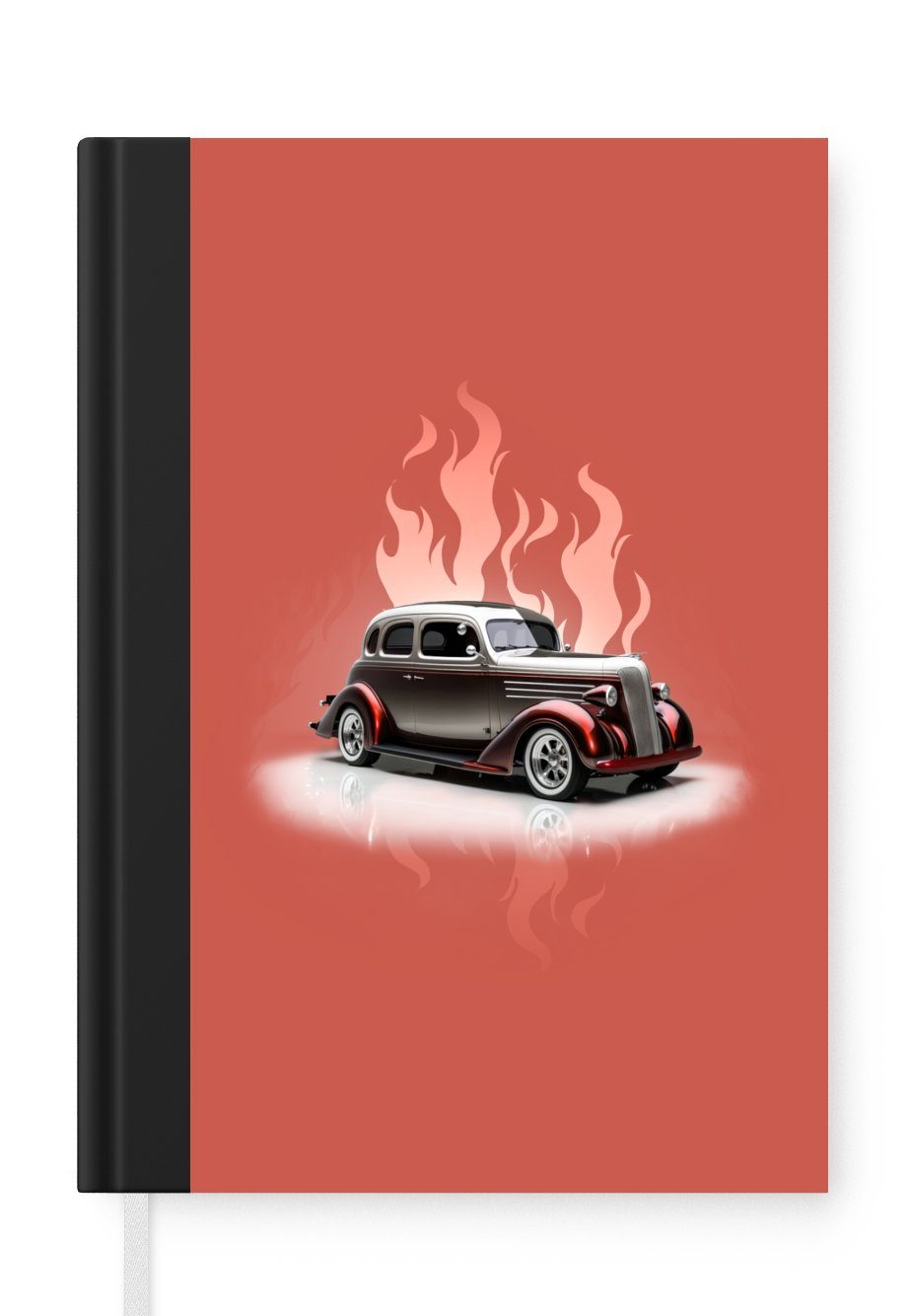 MuchoWow Notizbuch Auto - Rosa - Vintage - Flammen, Journal, Merkzettel, Tagebuch, Notizheft, A5, 98 Seiten, Haushaltsbuch