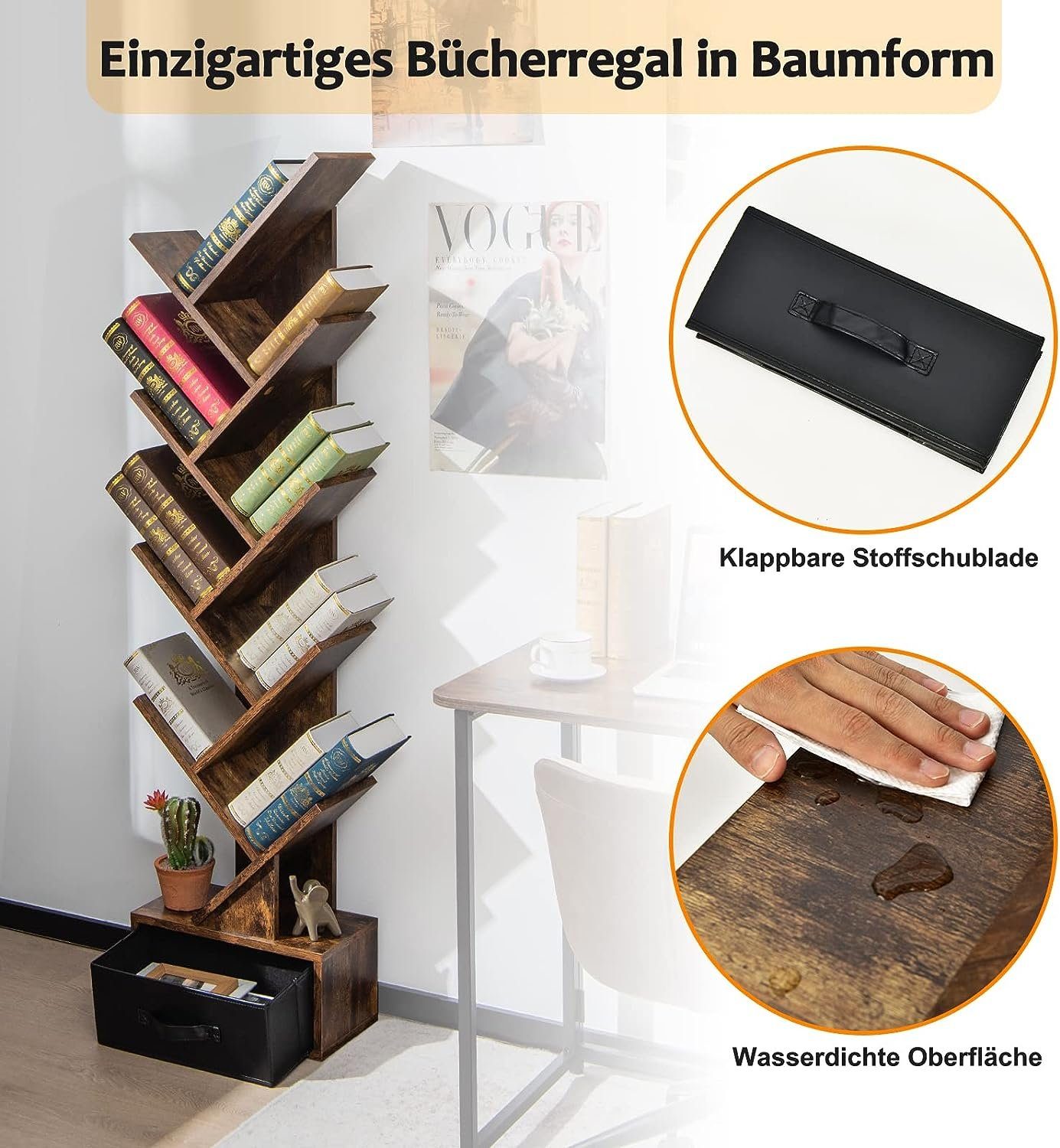 KOMFOTTEU Bücherregal Bücherschrank, mit 10 Ablagen, 38 x 20 x 149,5 cm – Bild 2 von 5