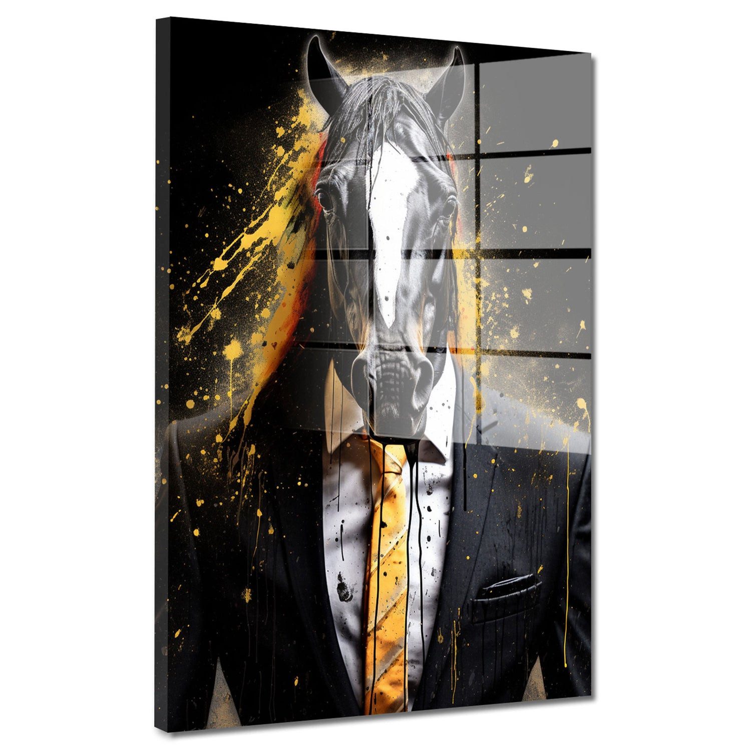 Artedinoi Acrylglasbild Pferd im Anzug Acrylglasbild Wandbild Pop Art Bunt Tier Deko XXL, Ein Pferd im Anzug als frontales Gentleman-Portrait im Pop-Art-Stil.