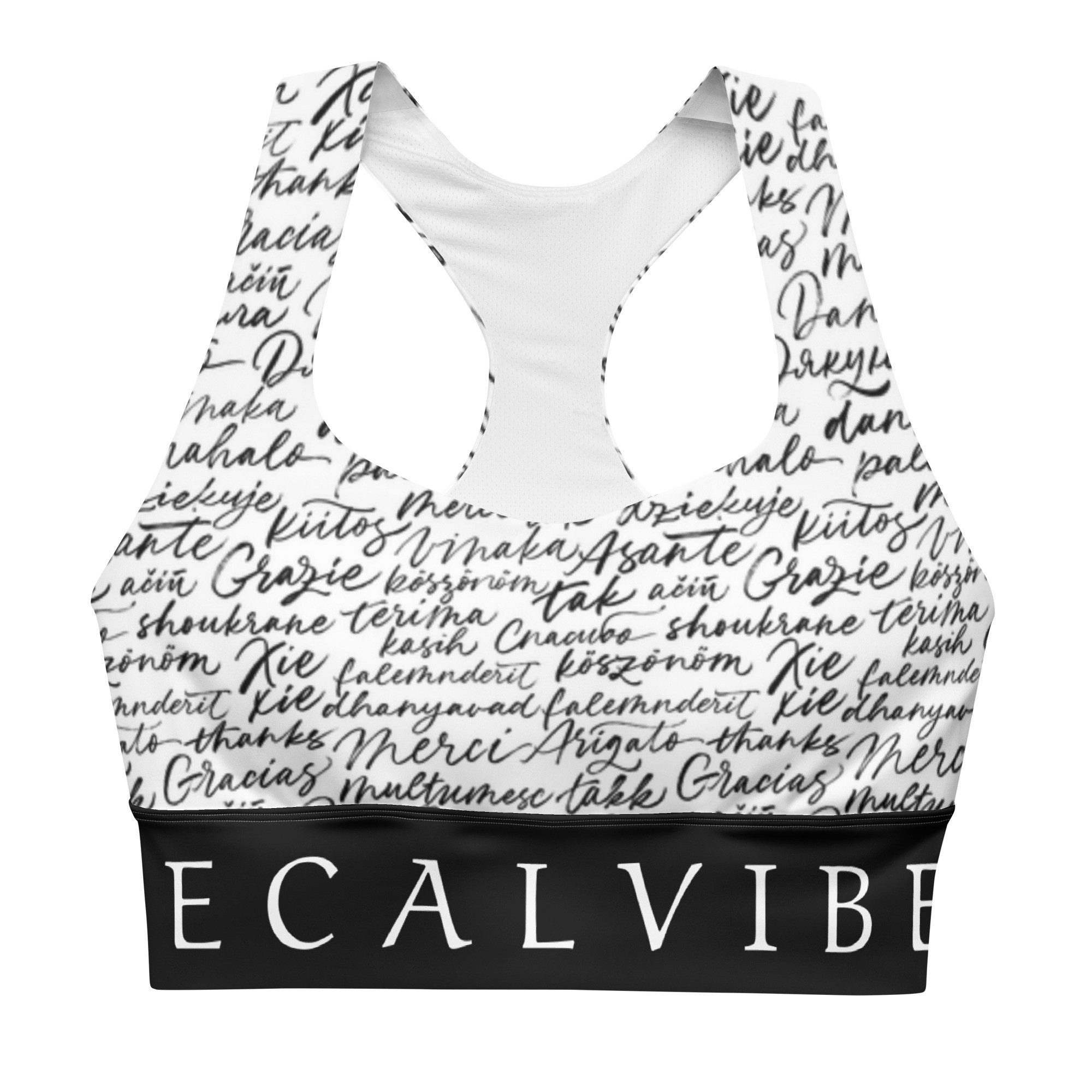 DECALVIBES Sport-BH Longline Sports Bra Multilingual Calligraphy Longline Design, starker Halt, herausnehmbare Pads, atmungsaktiv