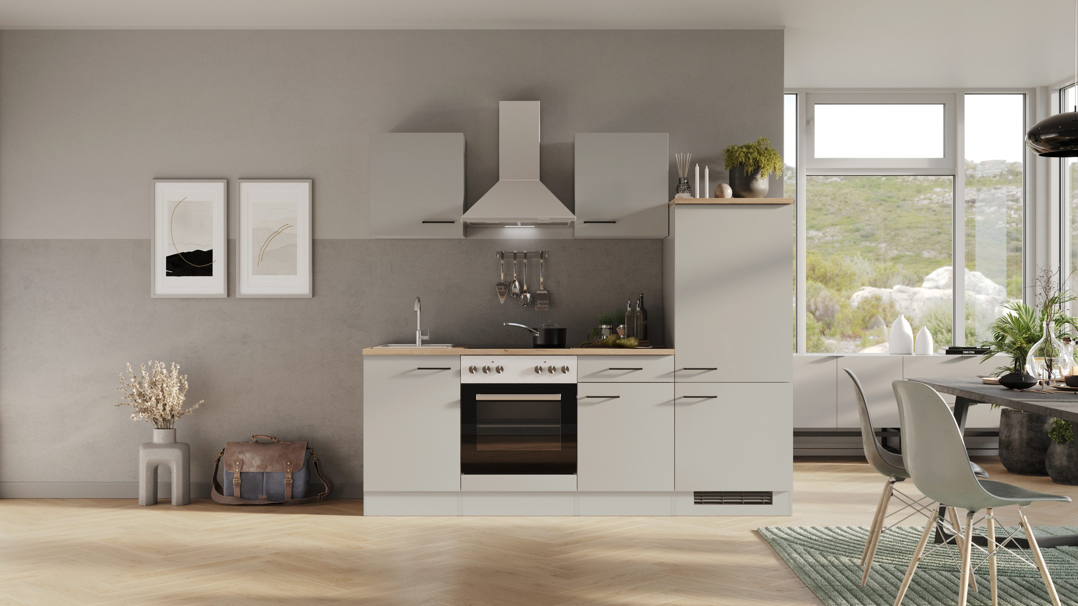 Flex-Well Küchenzeile Lund, wahlweise mit E-Geräten, Breite 220 cm, glänzende Fronten