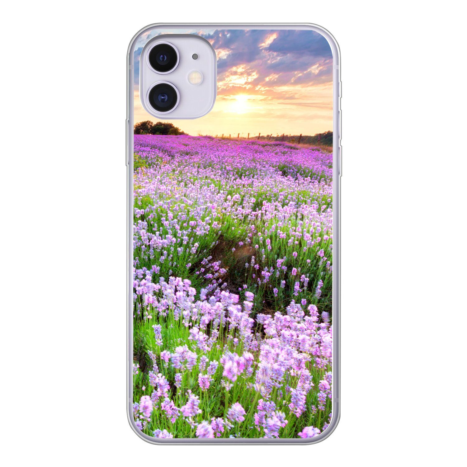 MuchoWow Handyhülle für Apple iPhone 11 Blumen - Lavendel - Lila - Himmel - Sonnenuntergan, Smartphone-Bumper, Print, Handy Schutzhülle Dünn
