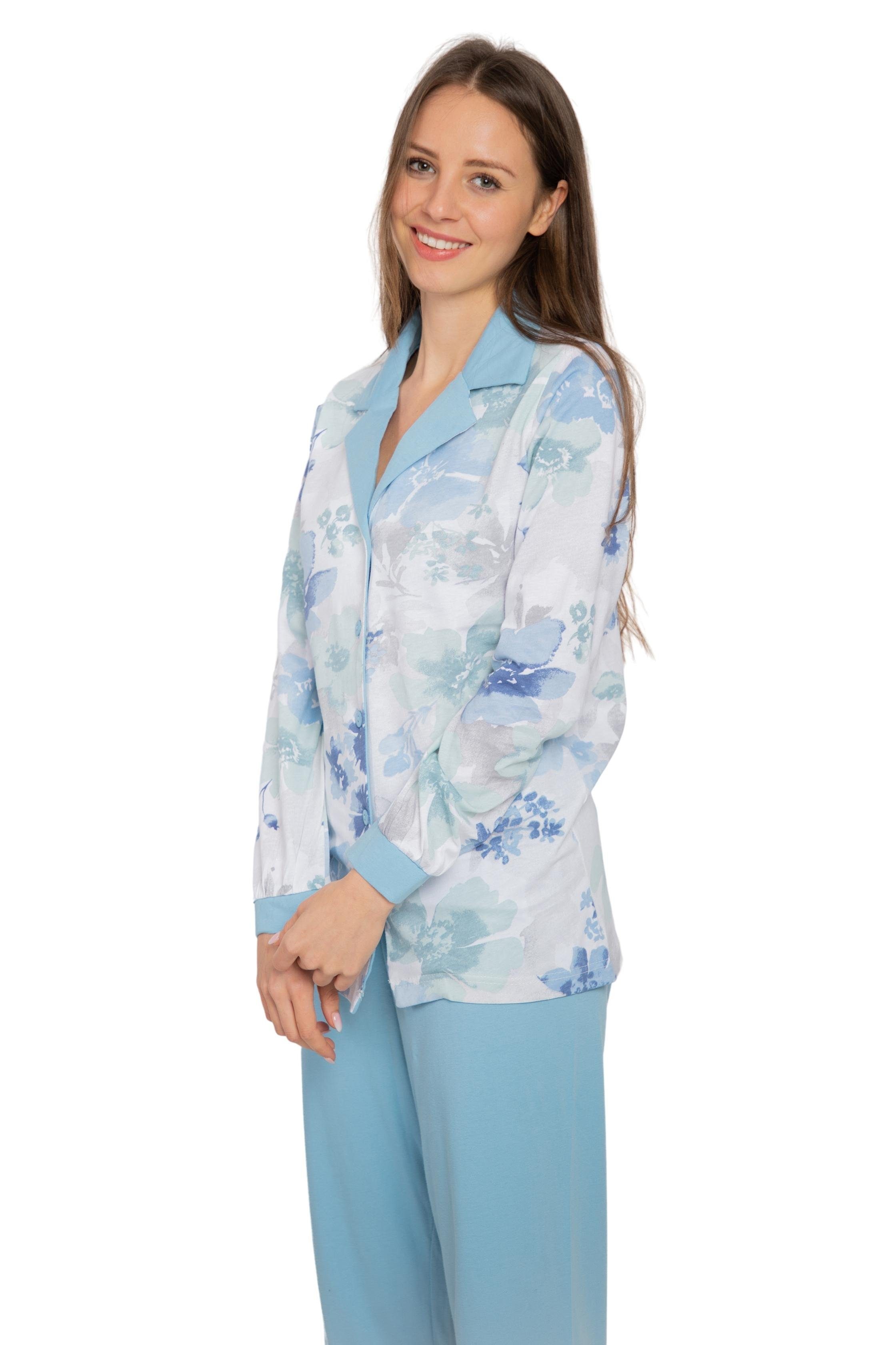 Damen Schlafanzug DW746 mit Set) Knopfleiste blau Revertkragen 1 Pyjama Durchgehende Pyjama (Spar-Set, Consult-Tex