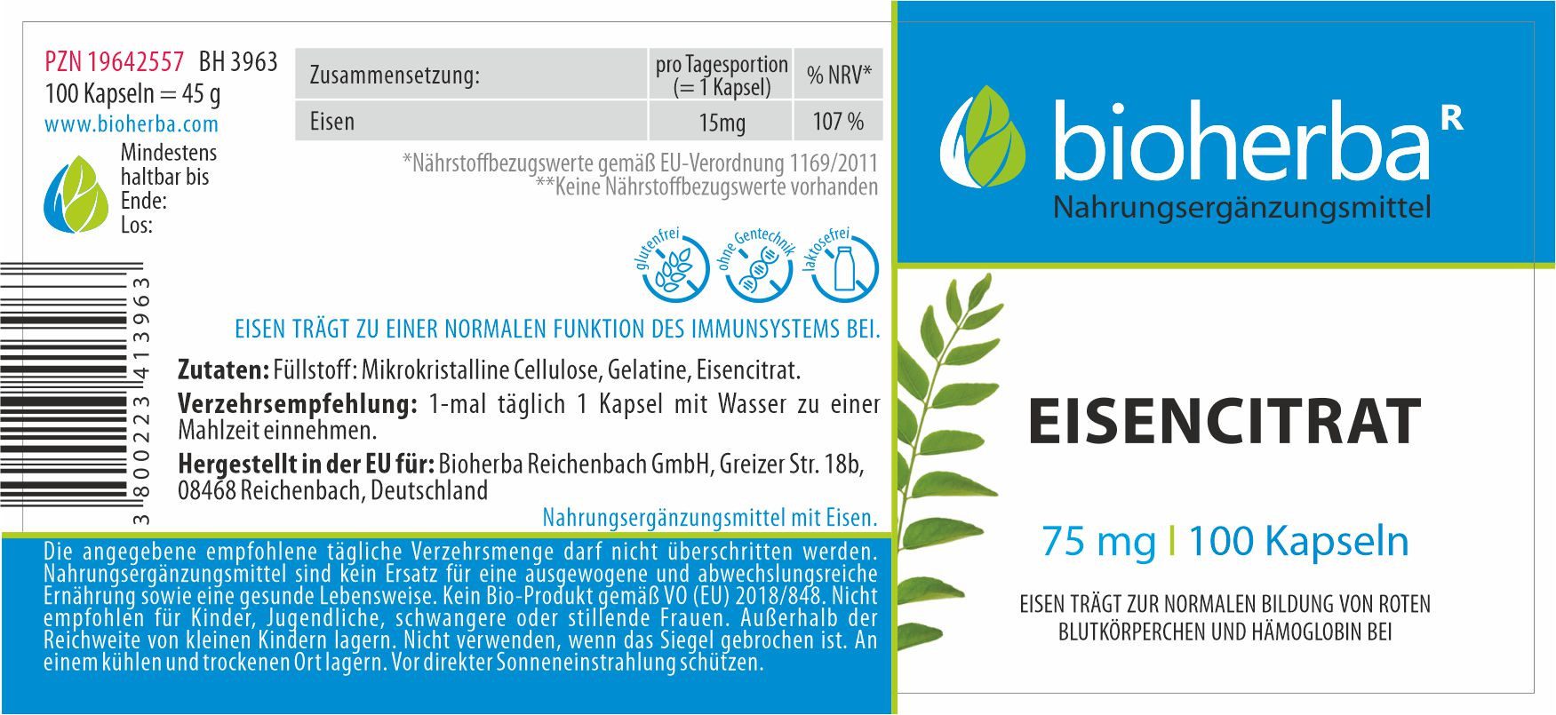 BIOHERBA R Eisen Citrat 75 mg 100 Kapseln Nahrungsergänzungsmittel