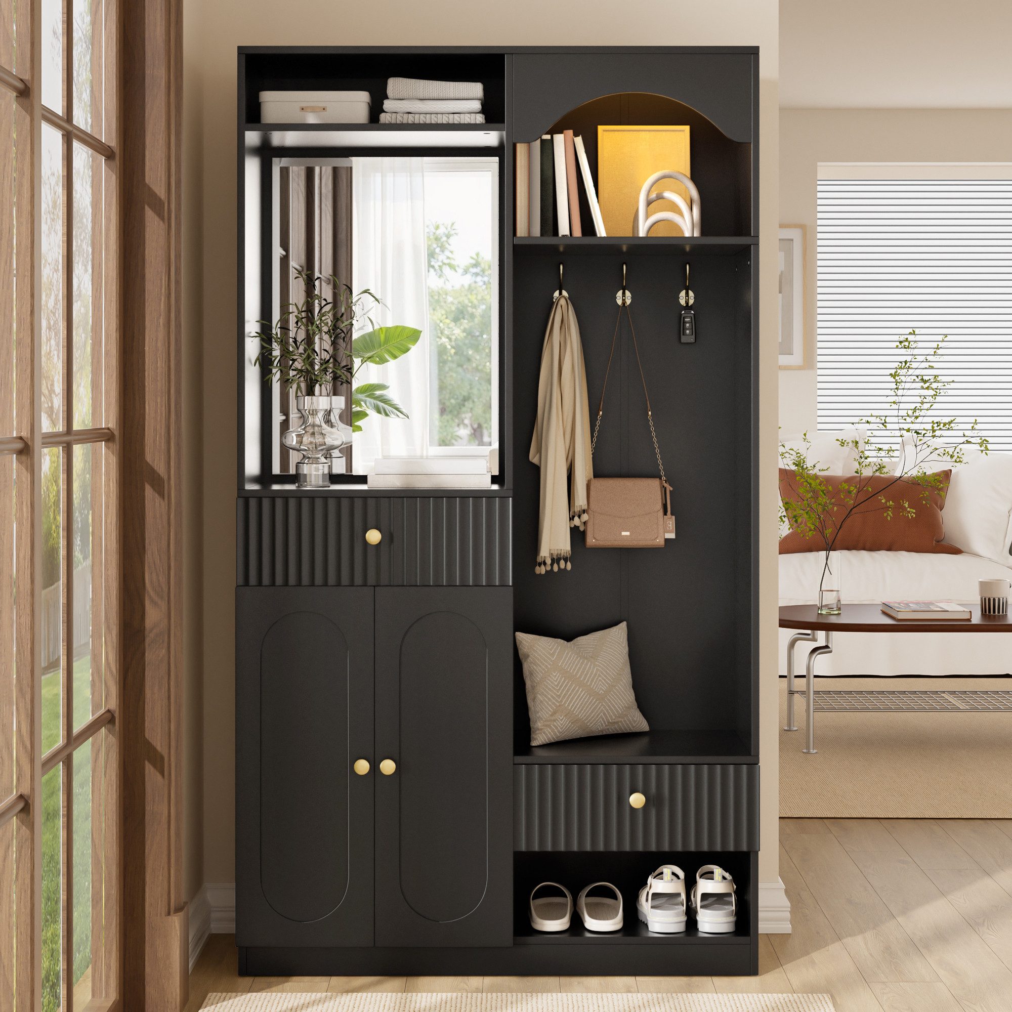 Ulife Kompaktgarderobe mit Spiegel und Sitzbank,Flurgarderobe mit Schuhschrank und Haken (2-St)