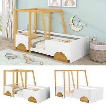 Ulife Kinderbett Autobett Jeep-Bett Holzbett Einzelbett mit MDF-Rädern, Rahmen aus Kiefer, weiß + natur (90x200cm)