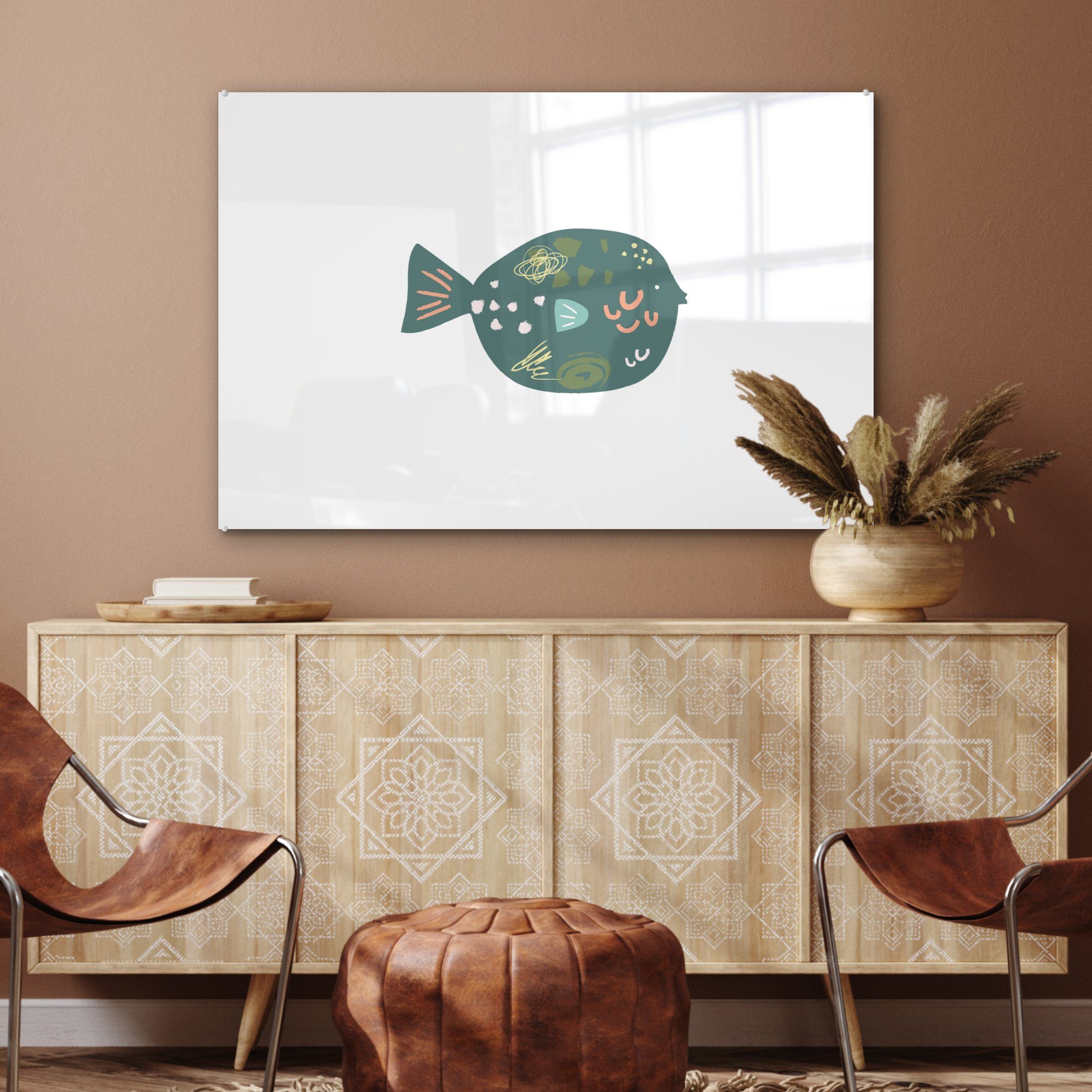 Grün Fisch Wohnzimmer & St), MuchoWow Pastell, - Acrylglasbilder Schlafzimmer Acrylglasbild (1 -