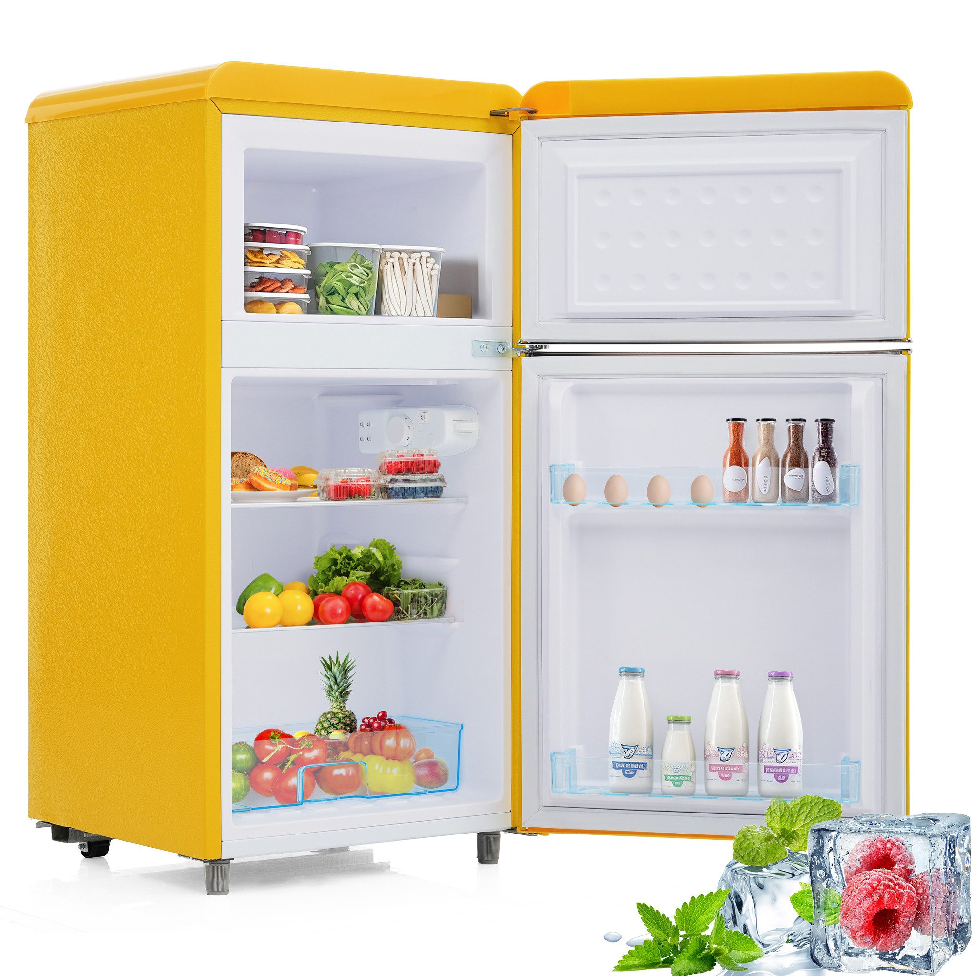 Blossom Kühl-/Gefrierkombination BCD-100C, 89 cm hoch, 45 cm breit, Retro Kühlschrank mit LED-Beleuchtung 21 L Gefrierfach Energieklasse E