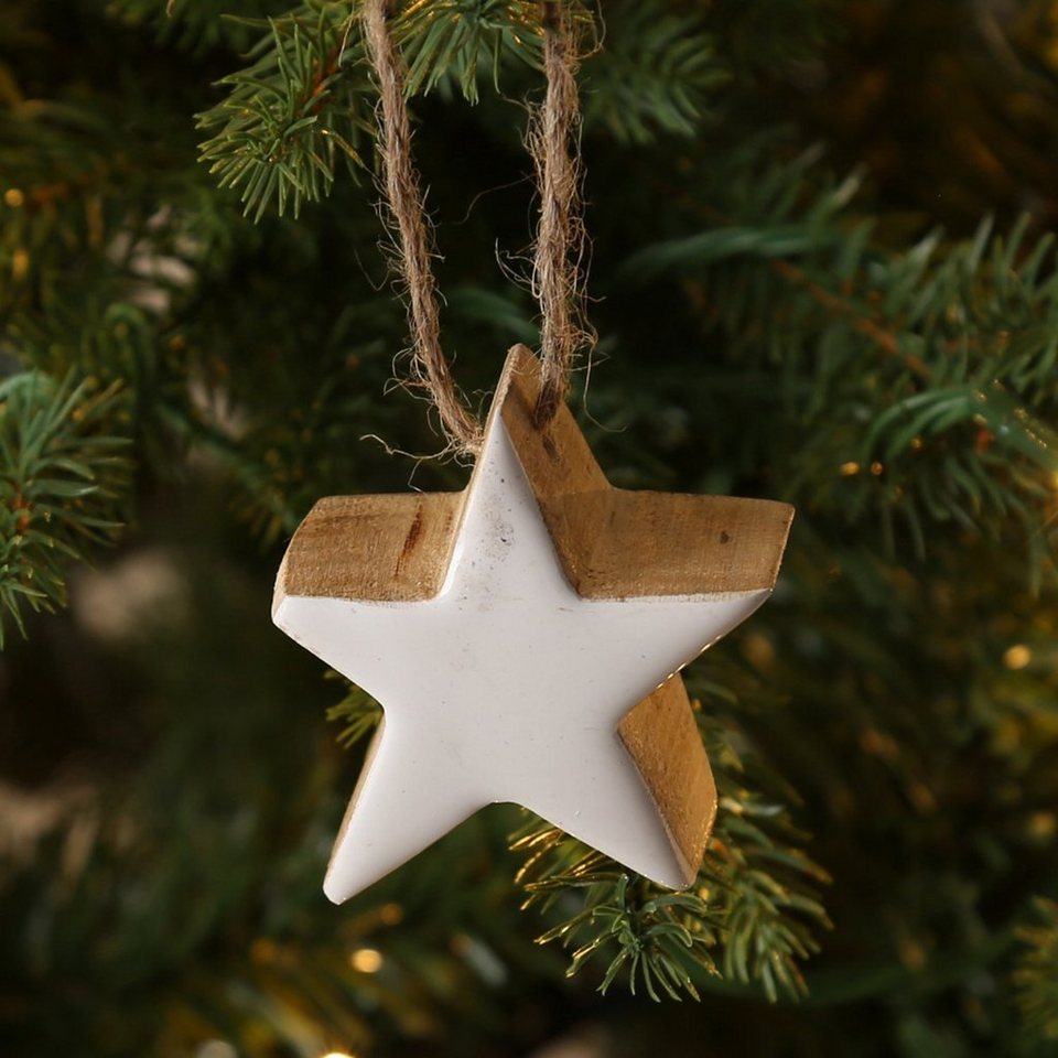 MARELIDA Christbaumschmuck Holzstern Weihnachtsstern Hängestern Jute Kordel  5,5cm emailliert weiß