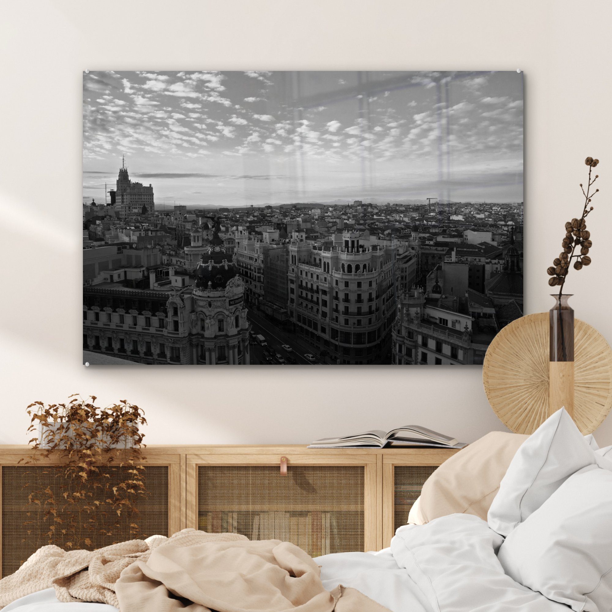 Skyline & Madrid (1 - Acrylglasbilder Schlafzimmer Schwarz - Acrylglasbild Weiß, Wohnzimmer MuchoWow St), -