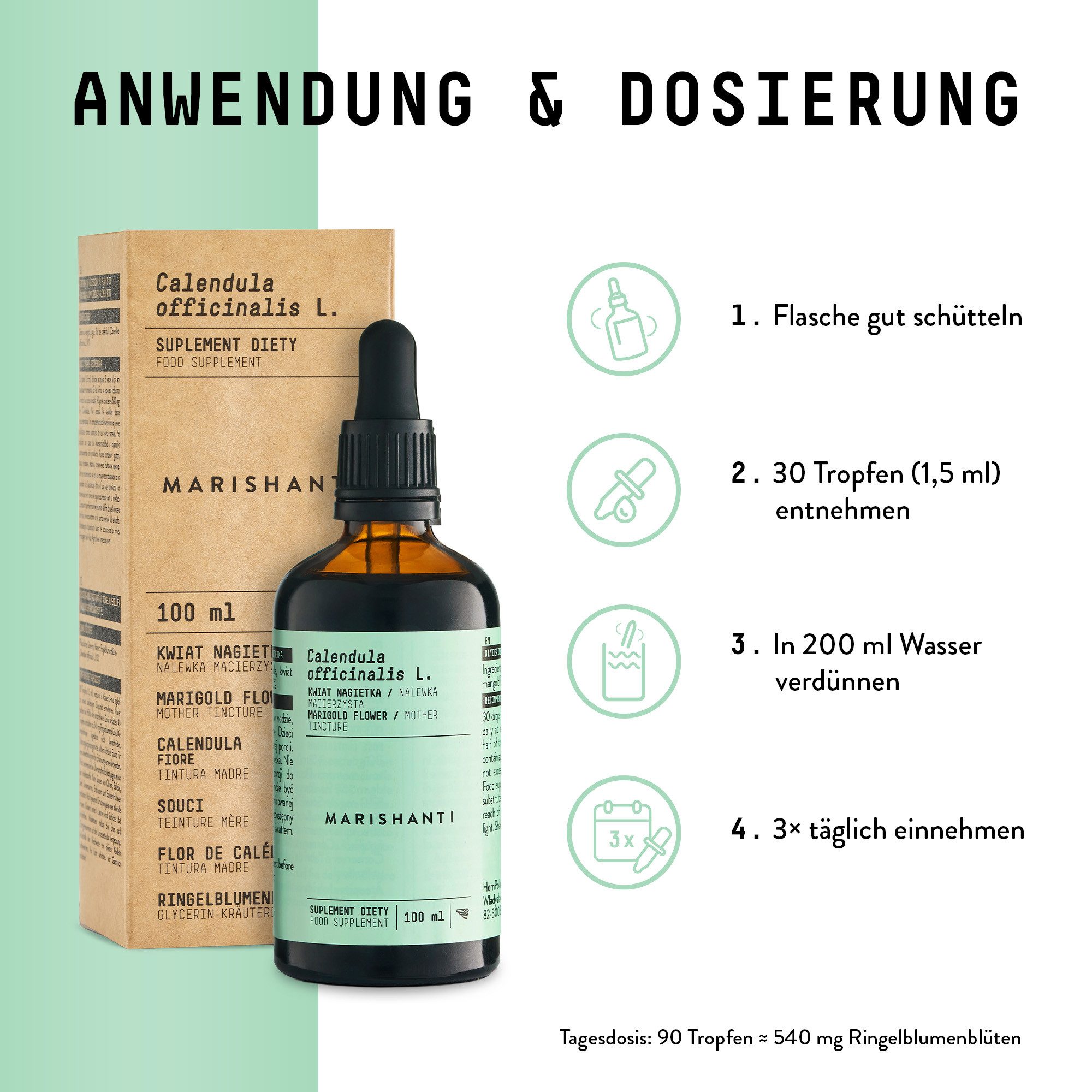 MARISHANTI Ringelblume Extrakt – alkoholfreie Tropfen, als pflanzliche Tinktur aus (Calendula officinalis) à 100 ml, – Vegan