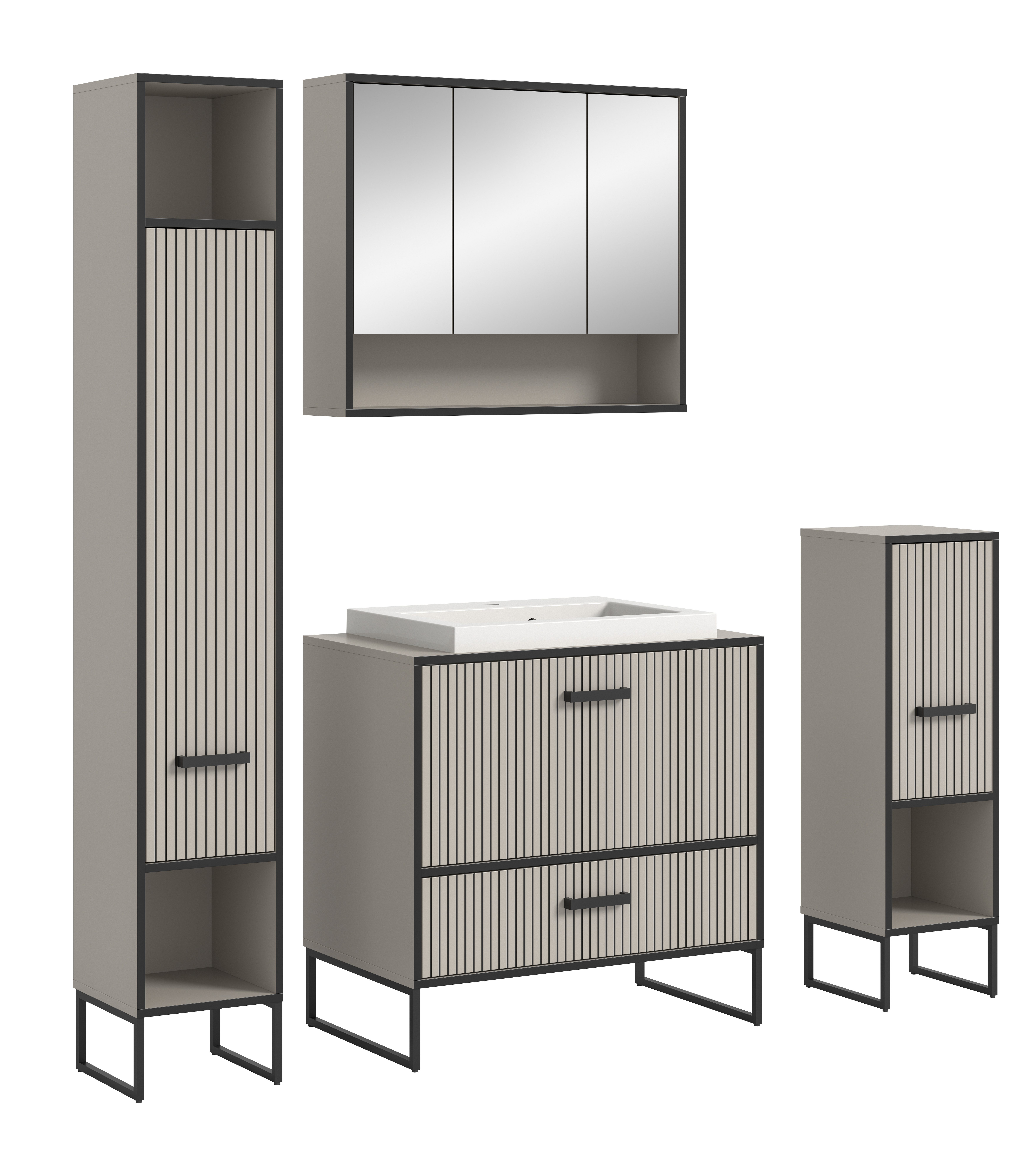 welltime Badmöbel-Set Locri, Breite 170 cm, Rillenoptik, Metallkufen, (4-St), best. aus: Hochschrank, Spiegelschrank, Standschrank, Waschtisch