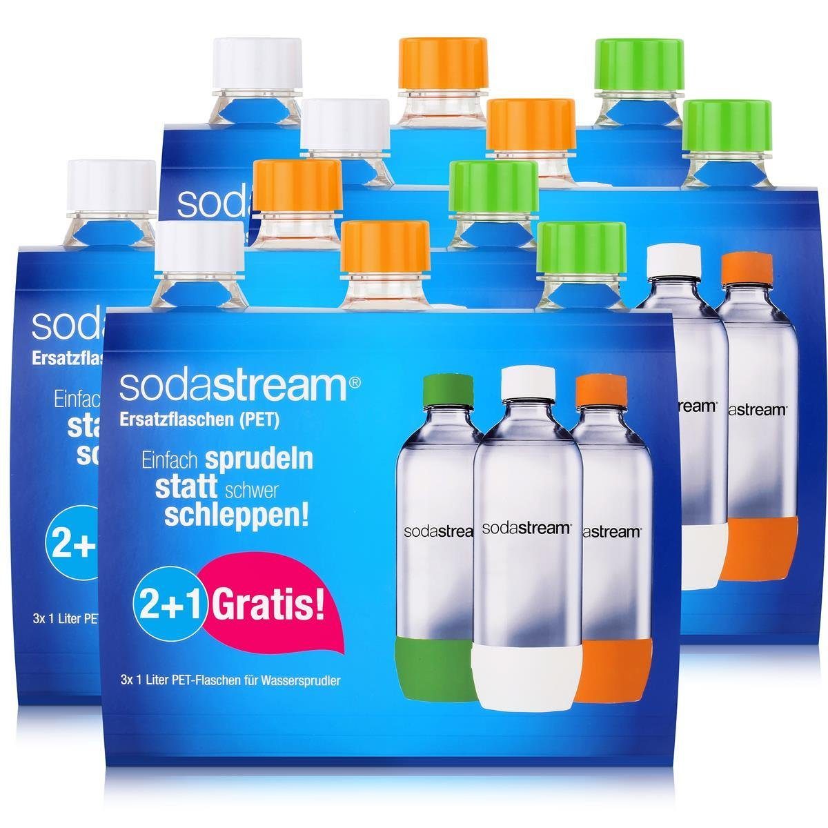 Ersatz-Flaschen SodaStream Trinkflasche Liter (4er SodaStream orange/grün/weiß 3x1 Pac PET 2+1