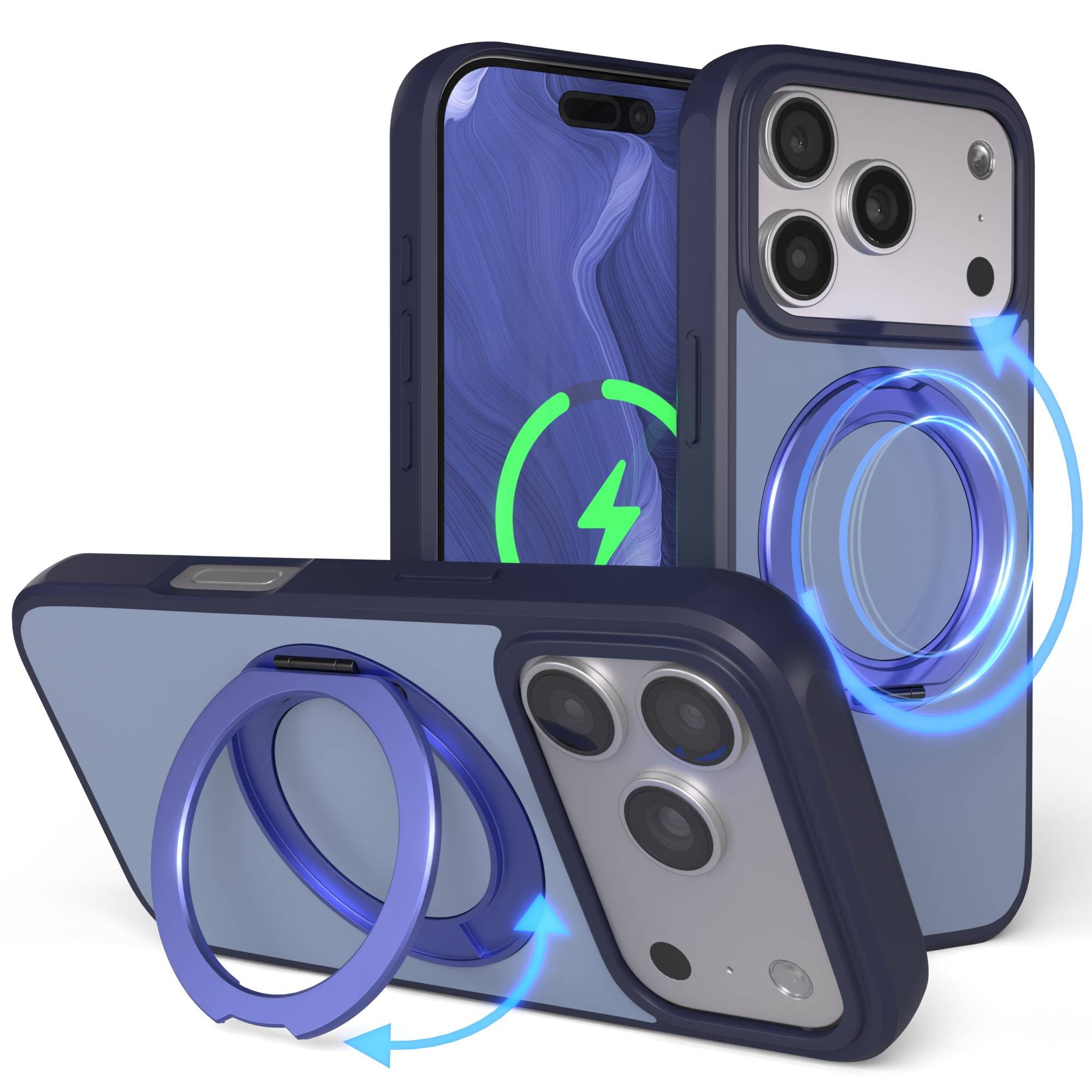 EAZY CASE Handyhülle Outdoor Apple iPhone 17 Pro Case MagSafe Rotation Ring 6,3 Zoll, Outdoor Handy Hülle mit Rotation Ring Stoßfest aufstellbar Dunkelblau
