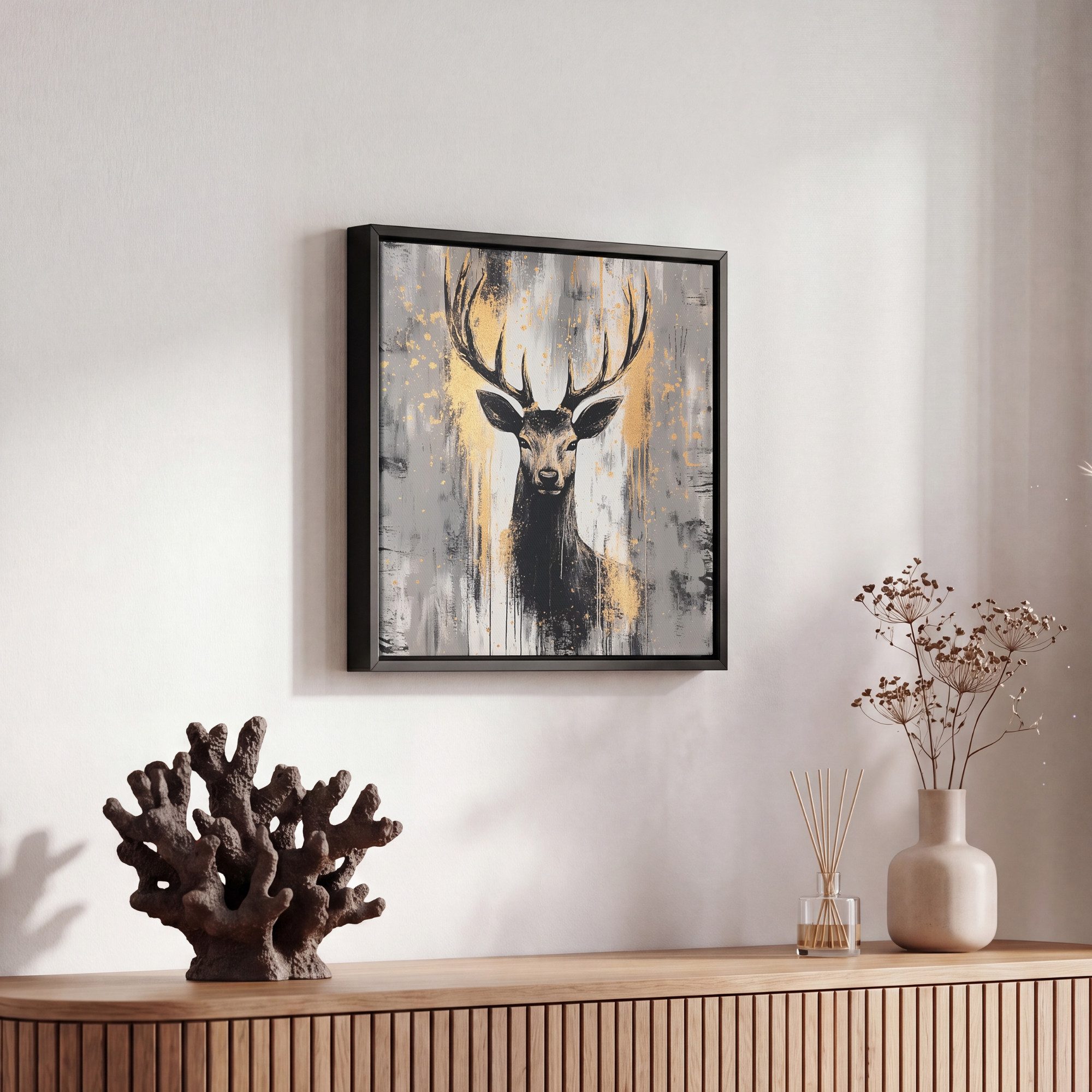 OneMillionCanvasses® Leinwandbild mit Rahmen - Abstrakt - Hirsch - Geweih - Gold, Fotodruck (1 St), Leinwand Bilder Klein, Wand Dekoration Aesthetic 20x20cm – Bild 5 von 5