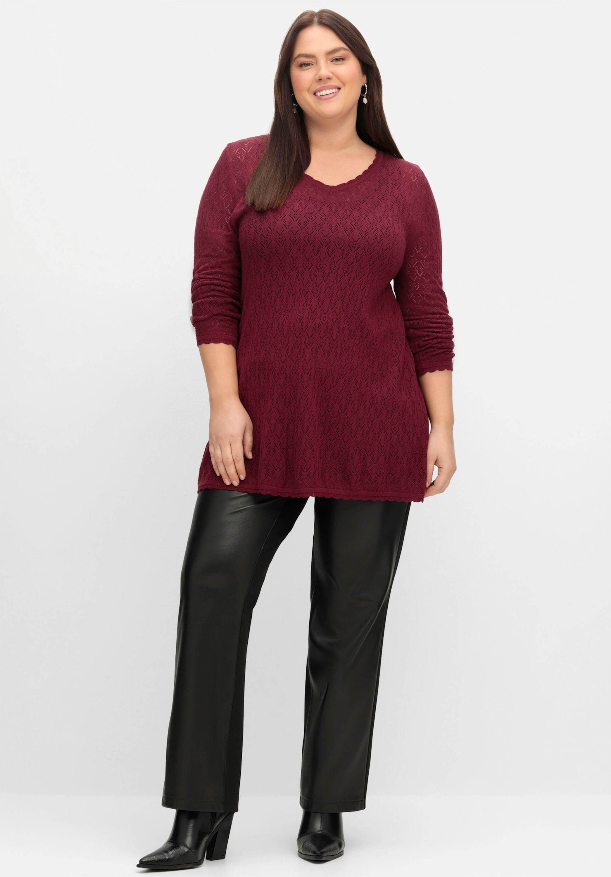 Sheego Strickpullover V-Ausschnitt-Pullover Langarm aus Ajourstrick, in lei günstig online kaufen