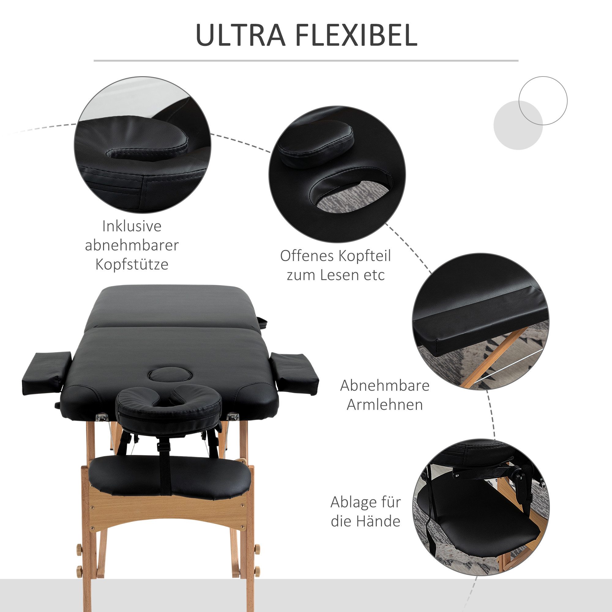 HOMCOM Massageliege Massagetisch, Massageliege mit Kopfstütze, Schwarz (Massagebank, 1-St., Massagetisch), Kunstleder, Holz, Schwarz – Bild 5 von 5