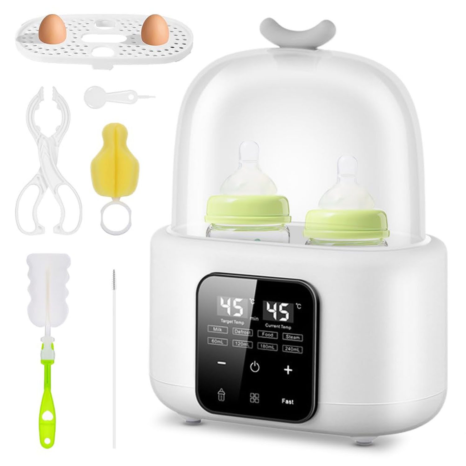 AIMAX Flaschenwärmer baby 6-in-1 Doppelbecher Babyflaschen Wärmer Sterilisator, für Babyflaschen mit Flaschenbürste/Clip, Baby Flaschenwärmer