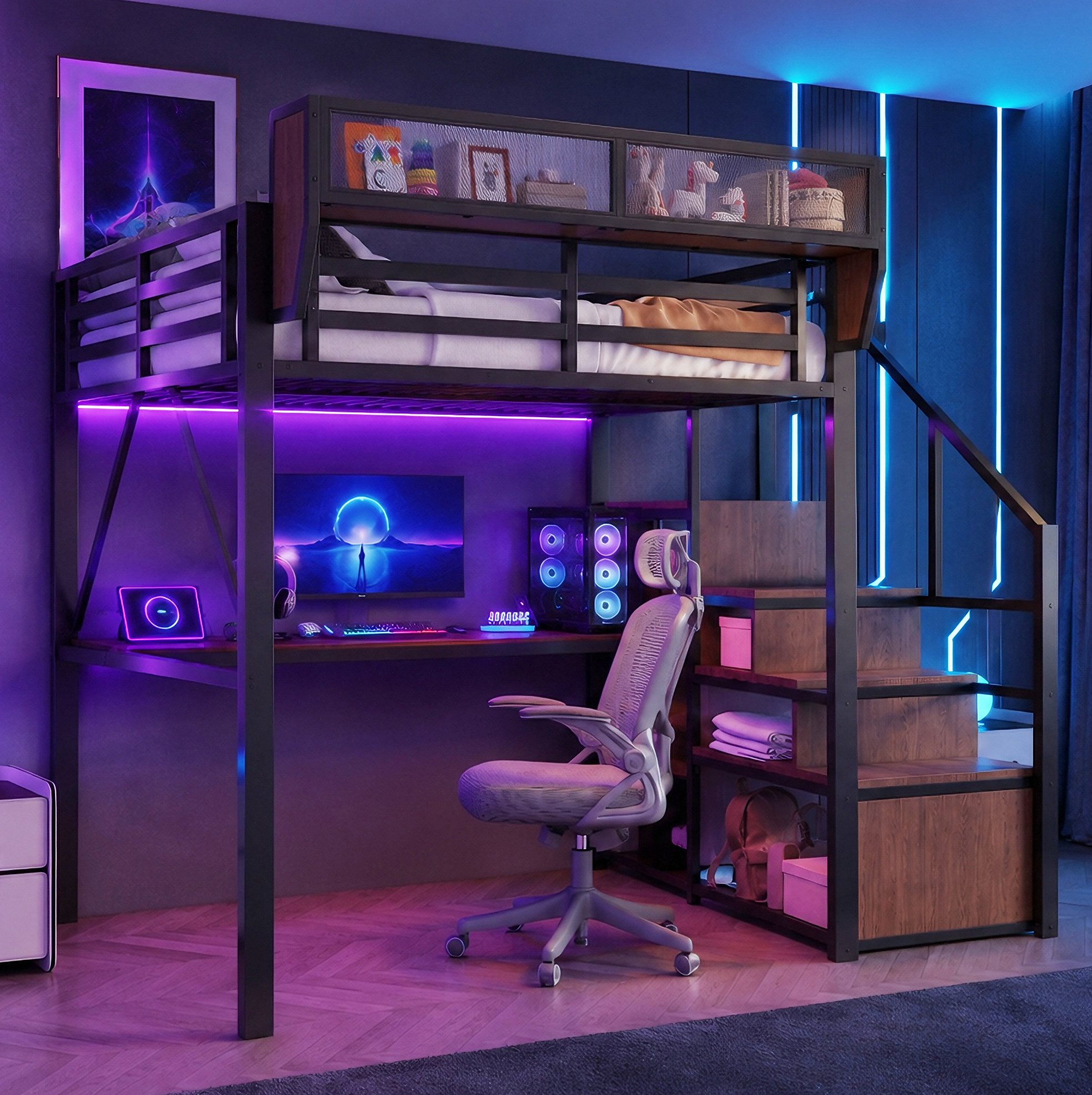 MODFU Hochbett mit integriertem Schreibtisch, Metallbett Jugendbett (LED-Beleuchtung und flexiblem Regal, 140x200 cm multifunktionales Loftbett) Kinderbett für Jugendzimmer, Bürobereich, ohne Matratze