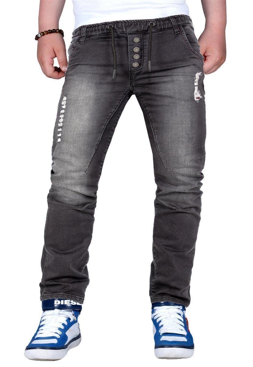 Reichstadt Jeansjeggings Kinder Slim Fit Jogging Jeans Stonewashed RS105 Black (158) (1-tlg) Elastischer Bund mit Kordelzug und Knöpfen