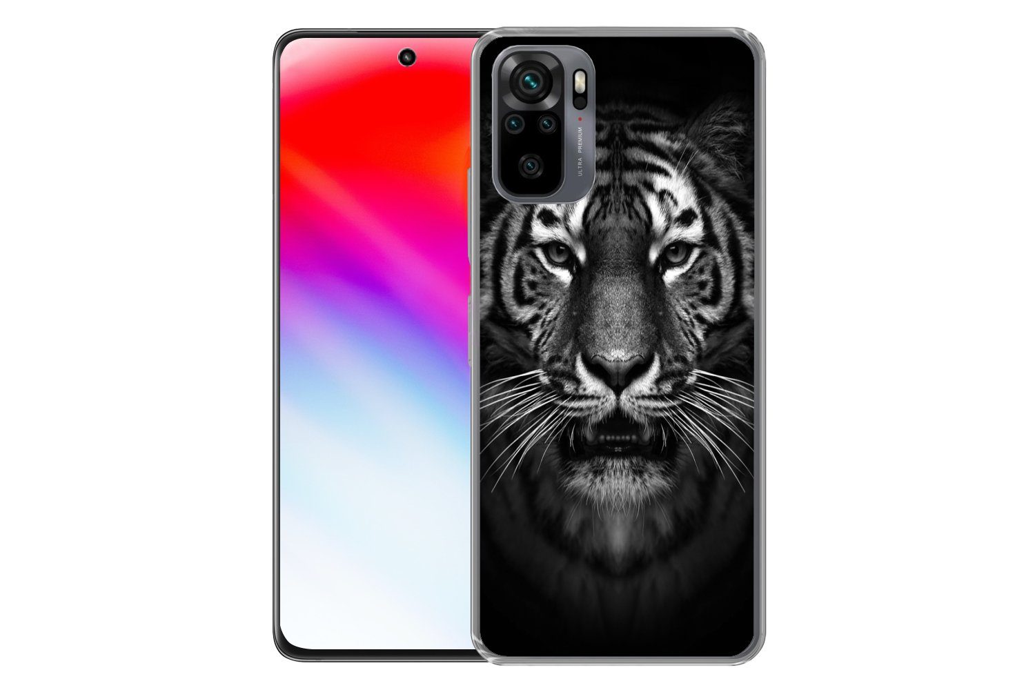 MuchoWow Handyhülle für Xiaomi Redmi Note 10S Tiger - Tiere - Schwarz - Weiß - Porträt - W, Phone Case, Silikon, Schutzhülle Dünn