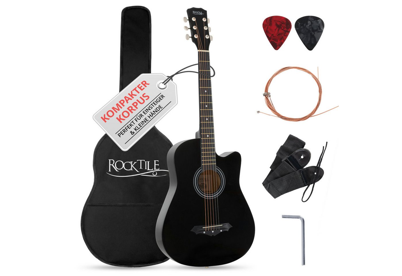Rocktile Westerngitarre WSD-5C Slim Line Westerngitarren Set - Dreadnought Akustik Gitarre, Set inkl. Tasche, Ersatzsaiten, Gurt und Plektren