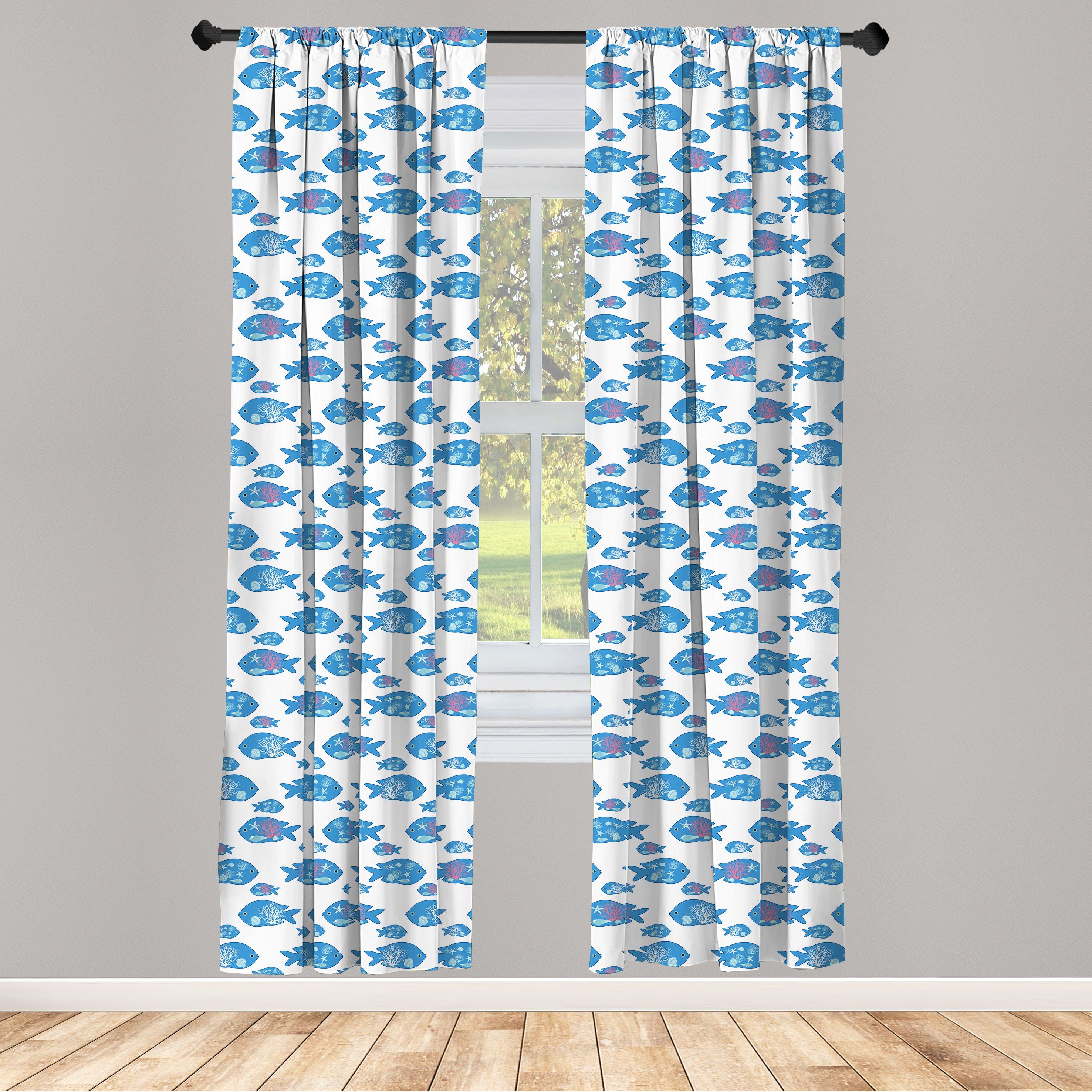 Gardine Vorhang für Wohnzimmer Schlafzimmer Dekor, Abakuhaus, Microfaser, Nautisch Abstrakte Fische Design Meer