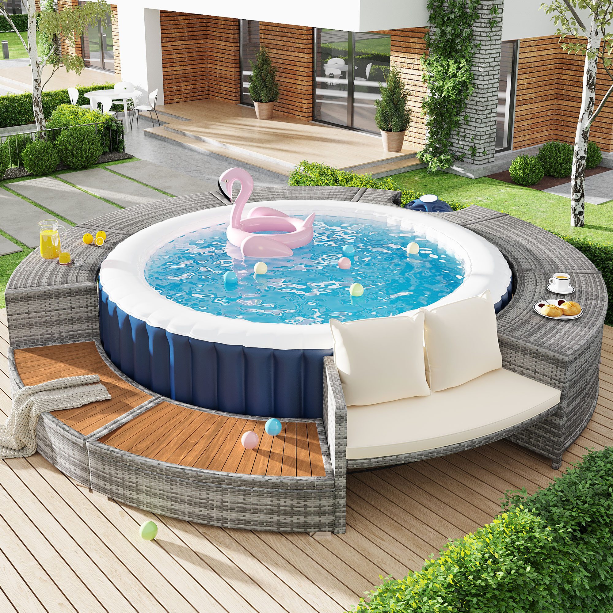 Flieks Whirlpool, Poolumrandung Rund Whirlpool Umrandung Polyrattan Gartenm günstig online kaufen