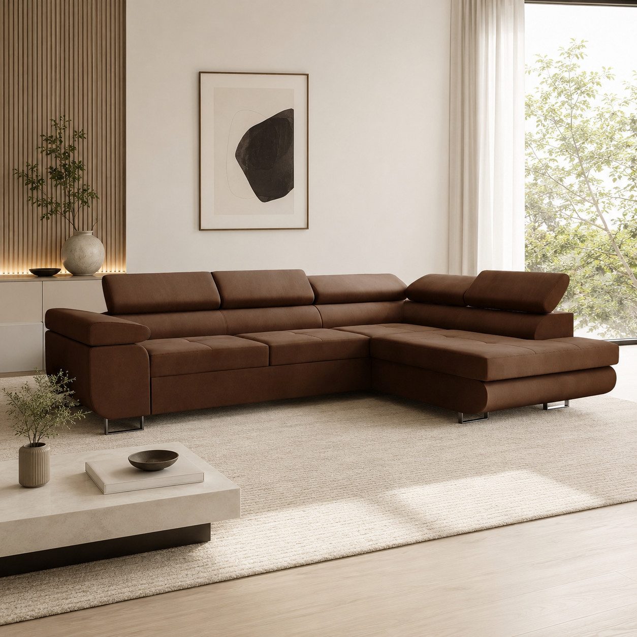 Goldstoff Ecksofa mit Schlaffunktion - Designersofa, Sofa mit Bettfunktion & Bettkasten, Schlafsofa RIVIA, multifunktionale Couch mit verstellbaren Kopfstützen in braun