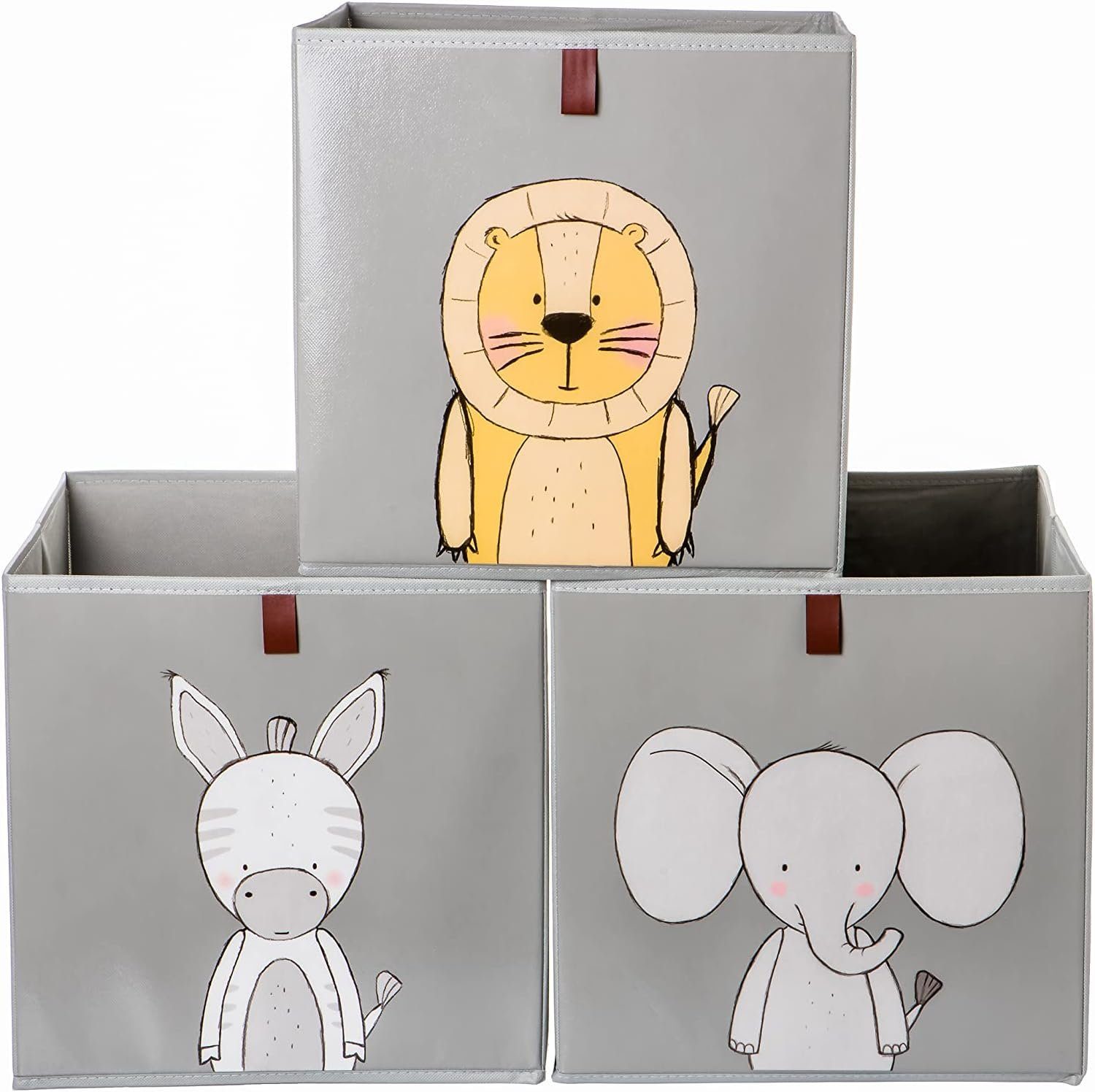 2friends Faltbox 3er Set Aufbewahrungsboxen für Kallax Boxen - Kinder Spielzeugkiste (33L x 33B x 33H cm), Abwaschbar Kallax Boxen mit Schlaufe zum Herausziehen Grau