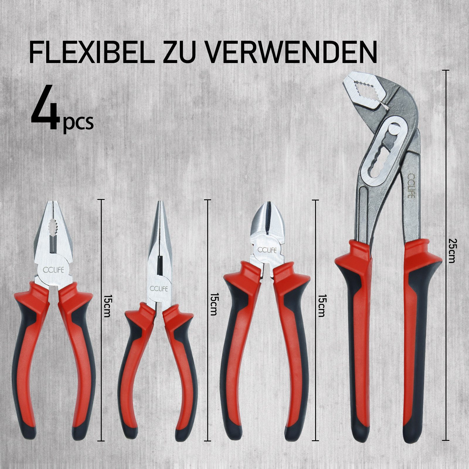 CCLIFE Zangenset Zangenset Werkzeugset CRV Stahl Viele Ausführungen, 12-tlg.
