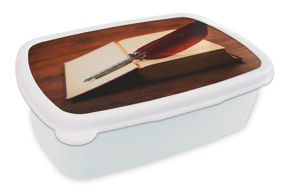 MuchoWow Lunchbox Federn - Buch - Rot, Kunststoff, (2-tlg), Brotbox für Kinder und Erwachsene, Brotdose, für Jungs und Mädchen weiß