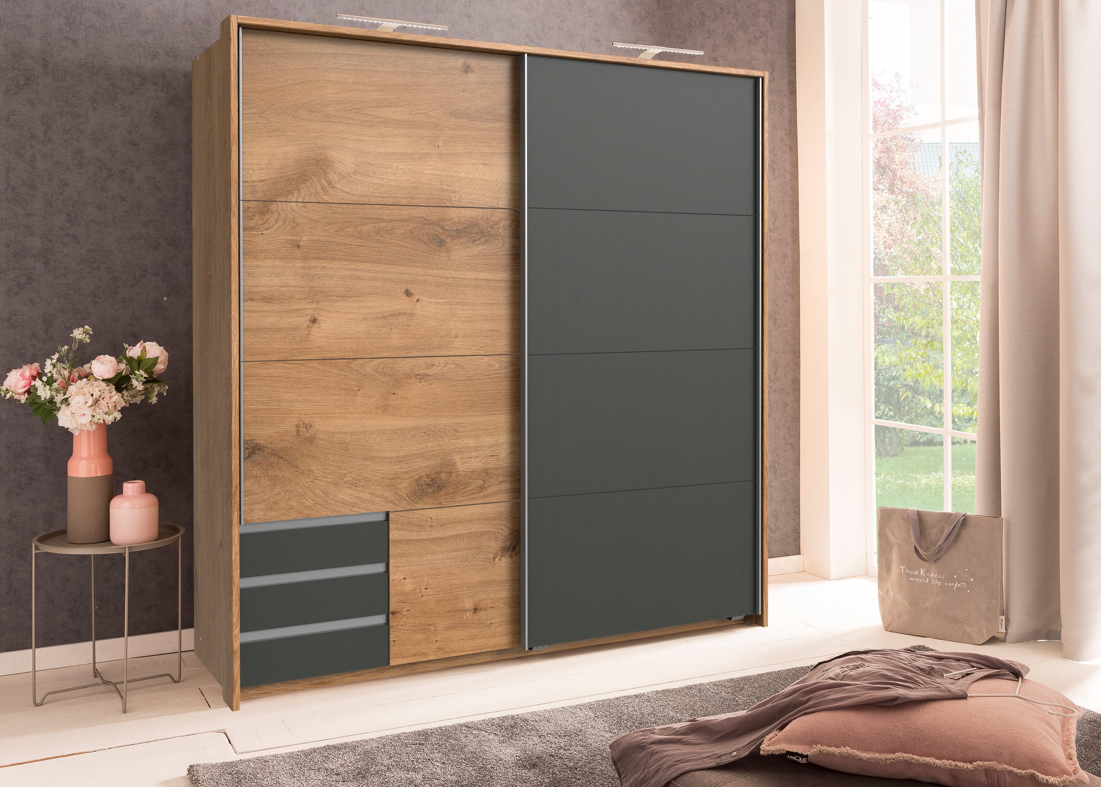 möbel-direkt.de Schwebetürenschrank Emden in Plankeneiche mit Graphit (komplett, 1-St., Kleiderschrank) Made in Germany