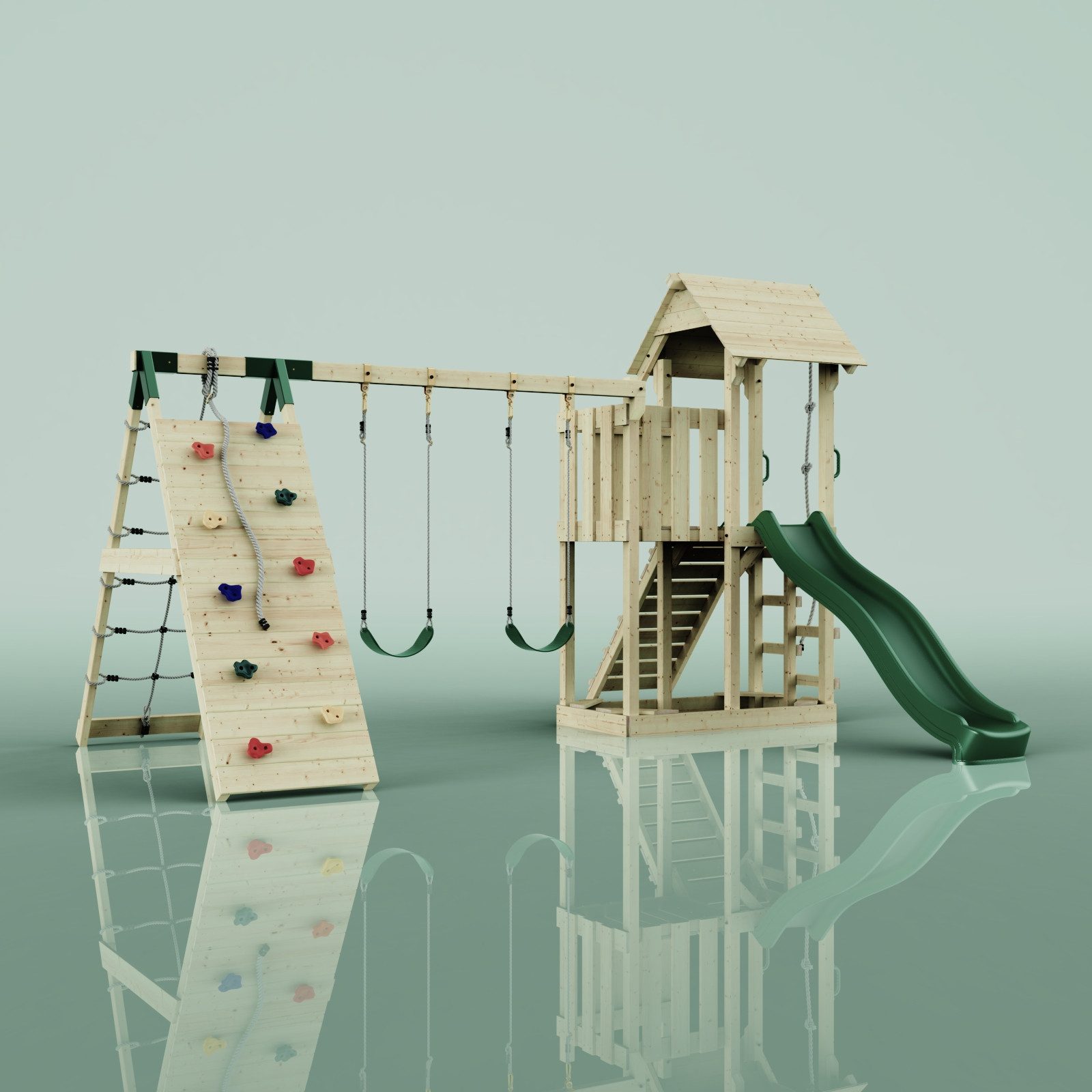 OutdoorToys Spielturm Roskilde, aus Holz in Dunkelgrün mit Kinderschaukel & Rutsche, Kletterwand