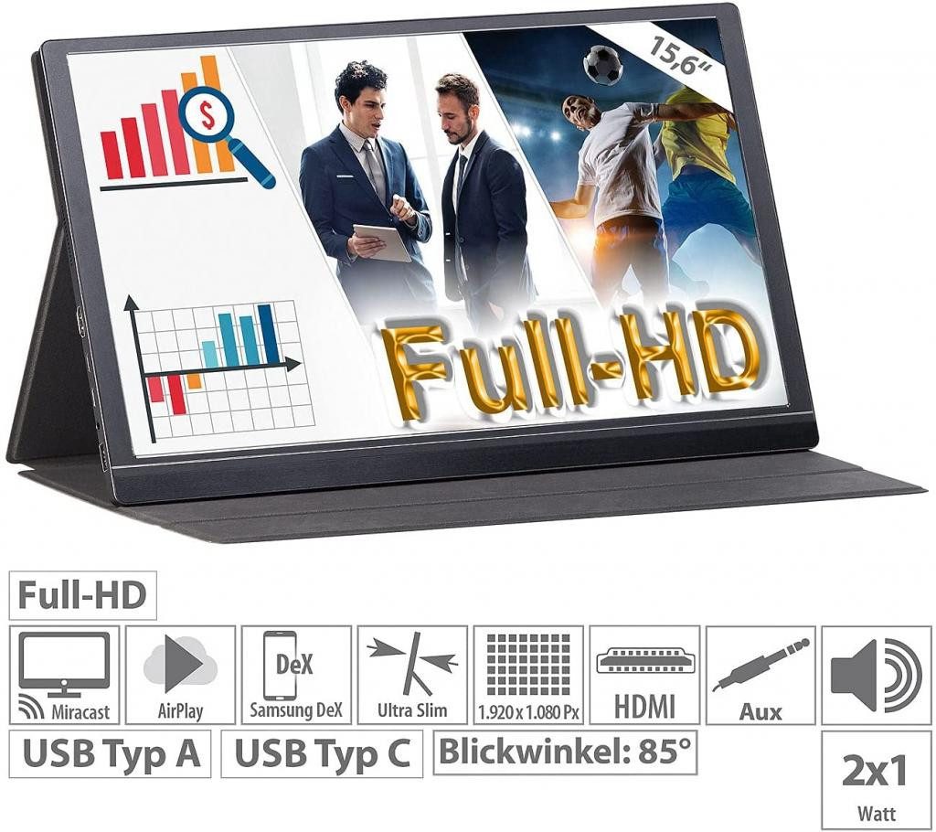 auvisio EZM-210 (ZX-5076-675) + WLAN-Stick, Tragbarer Monitor Portabler Monitor (39.60 cm/15.6 ", 1920 x 1080 px, Full HD, IPS, magnetisches Schutz- und Stand-Cover, Für DeX-kompatible Geräte)