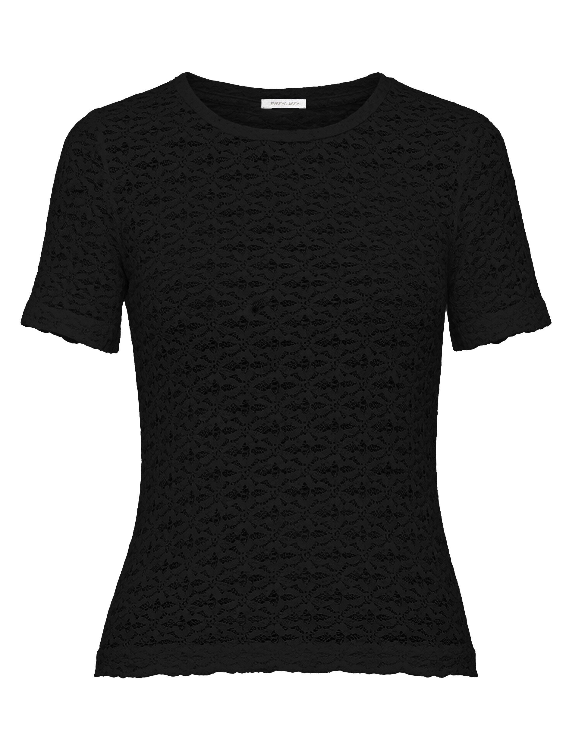 SASSYCLASSY T-Shirt Shirt aus floraler Spitze für Damen Feminines Top in leicht transparenter Struktur und Rundhalsausschnitt