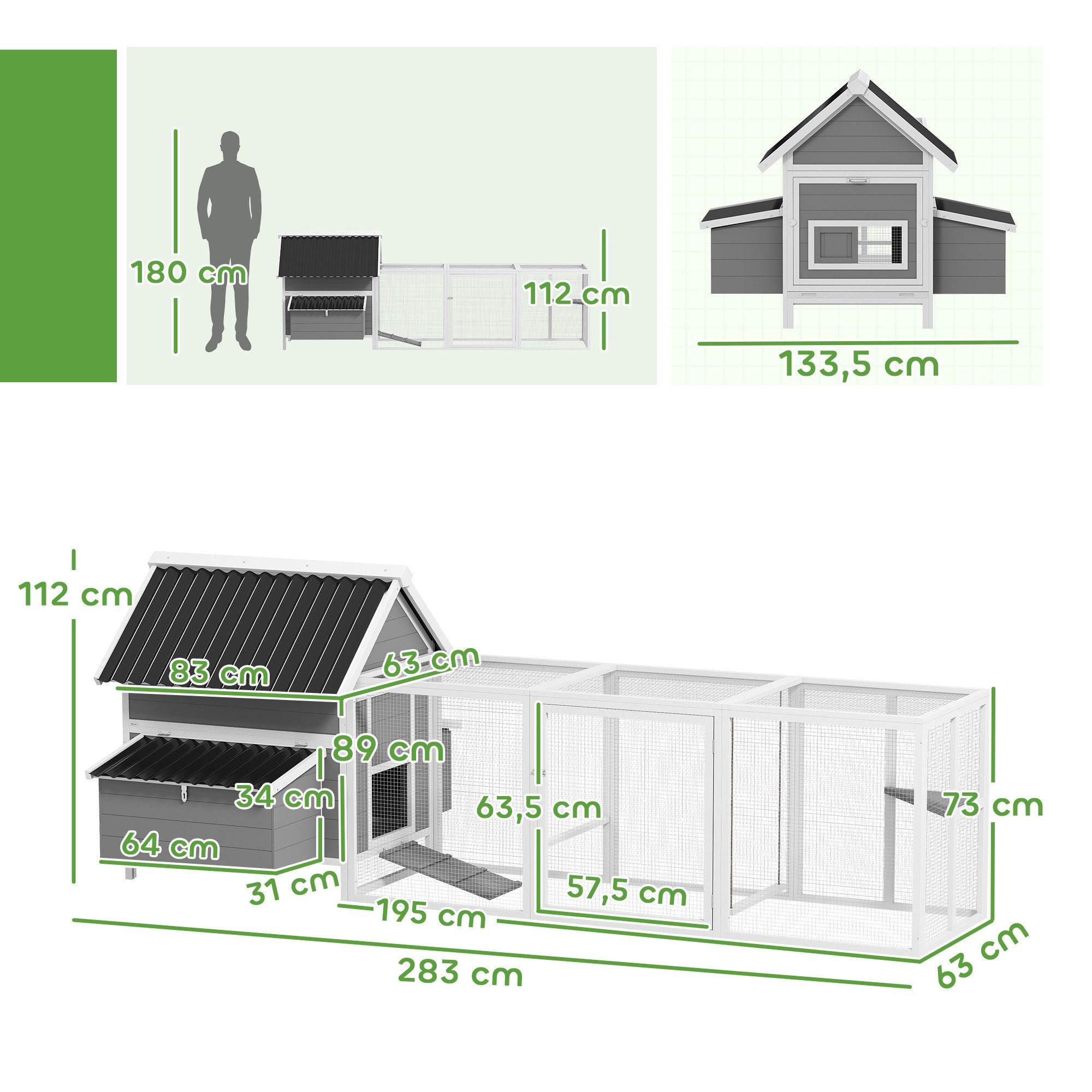 PawHut Hühnerstall mit Sitzstangen, Schaukel, Fenster, Nistkästen, für 7–10 Hühner, Grau