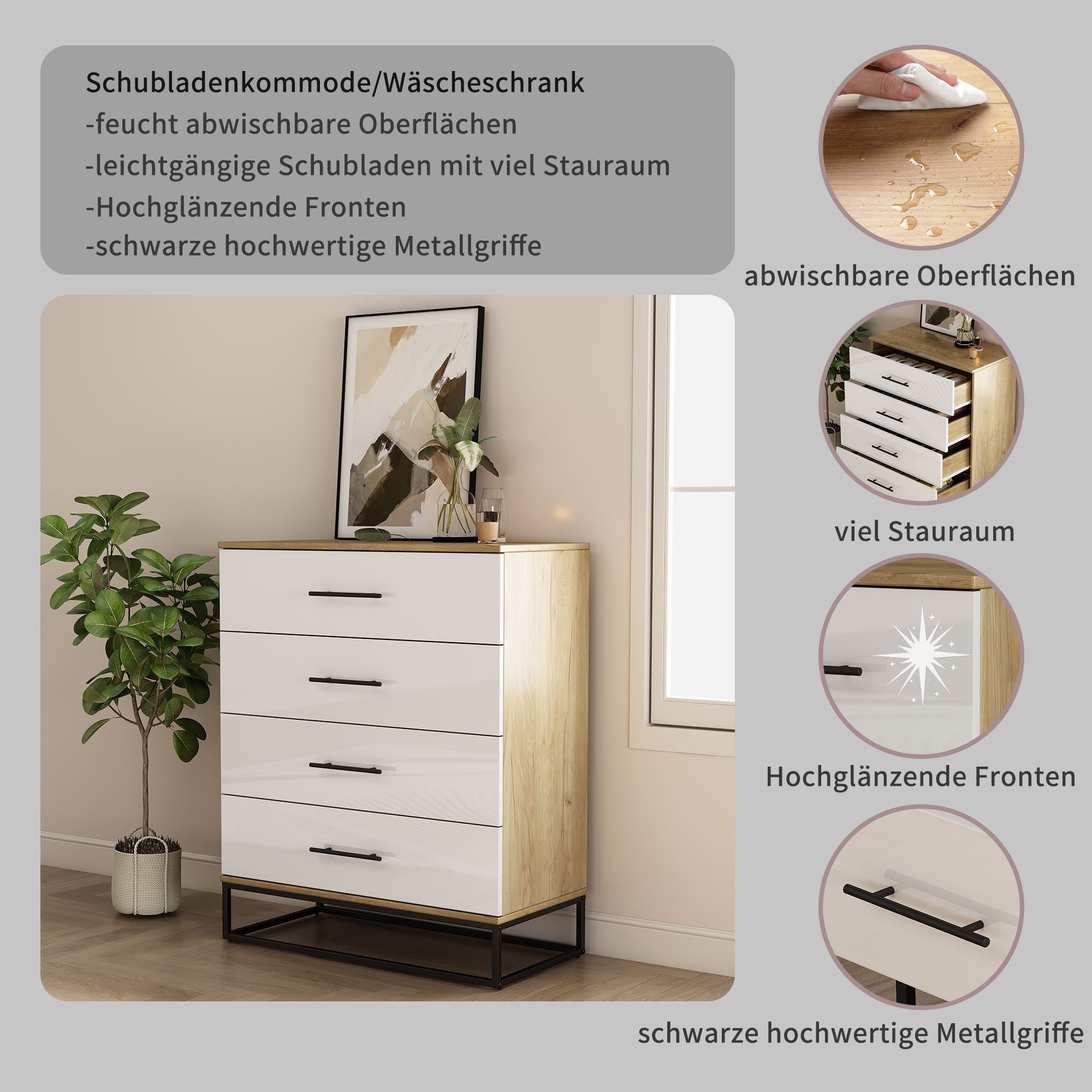 OTTO home Schubkastenkommode Lucca Sideboard mit schwarzen Griffen 4 Schubladen Kufengestell (Hochwertige Hochglanzfronten in weiß), Kommode Wäscheschrank im Loft Design mit 4 Schubladen
