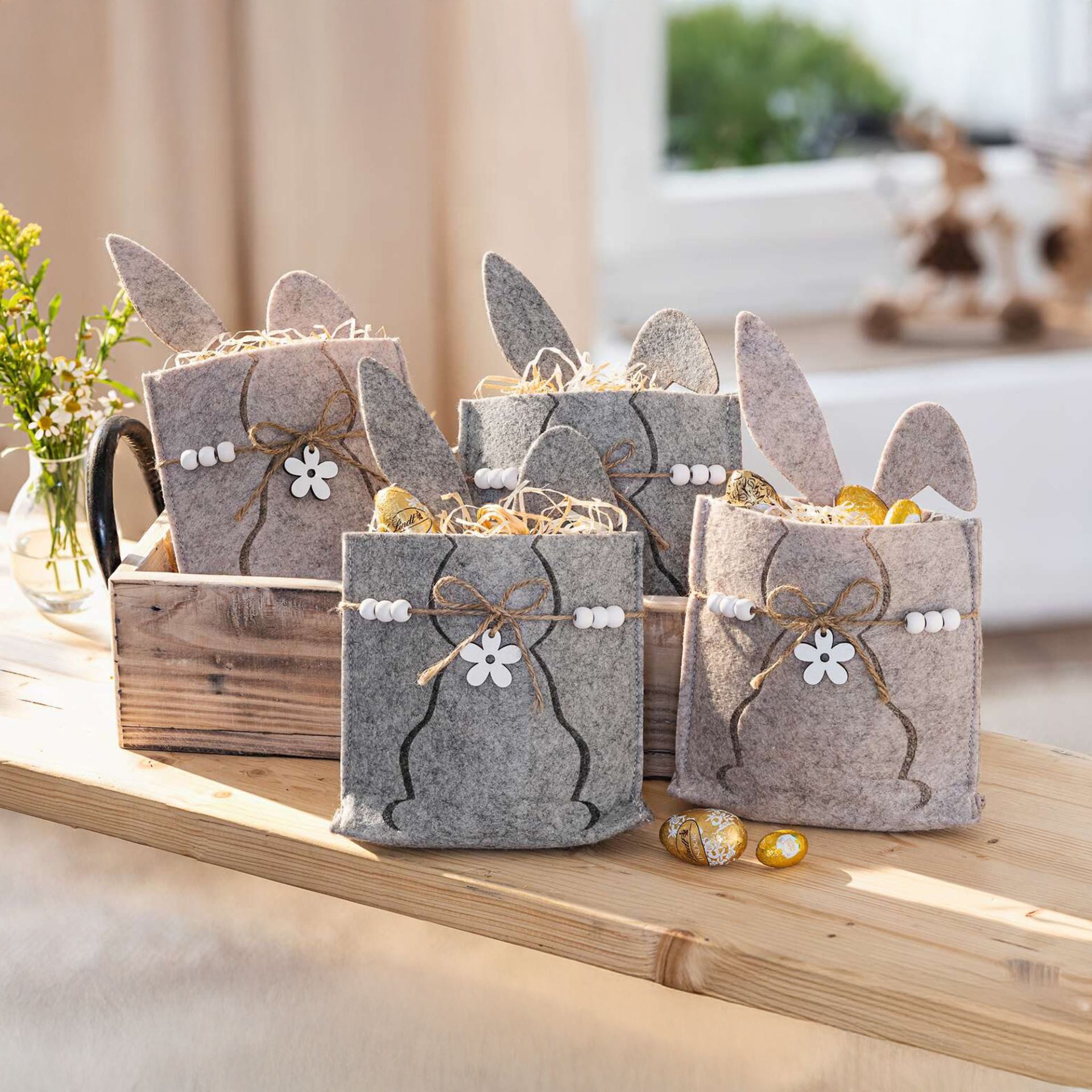 Home-trends24.de Osternest Geschenkbeutel Osterhase Hase Filzbeutel 4er-Set Deko Ostern