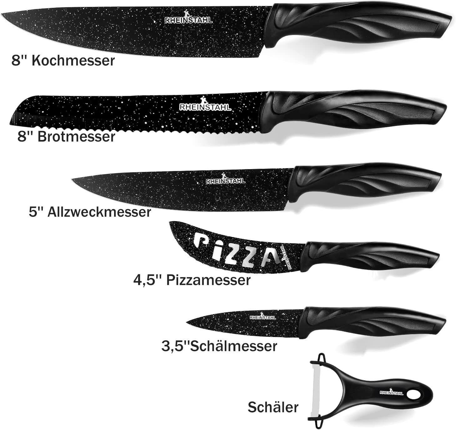 Profi mit set Antihaft, küchenmesser inkl. knife RHEINSTAHL Edelstahl set 6-teilig- Messer-Set + Schwarz Geschenkbox, Messerset Schäler Edelstahl