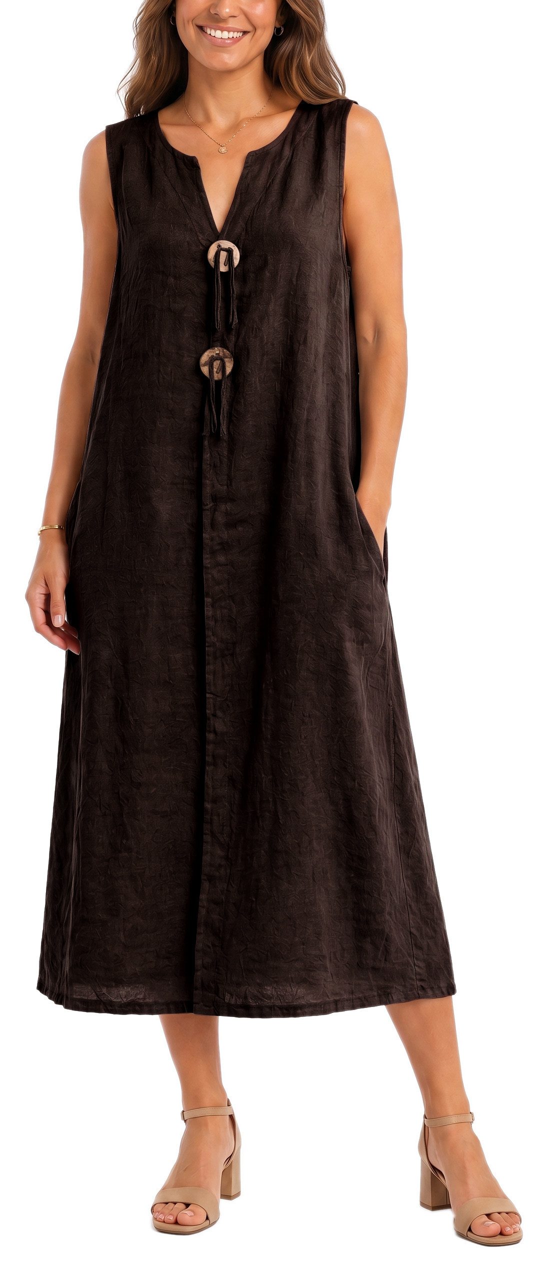 dy_mode Sommerkleid Damen Leinenkleid Luftiges Maxi Sommerkleid Strandkleid Damenkleid in Unifarbe, V-Ausschnitt, mit seitlichen Eingriffstaschen