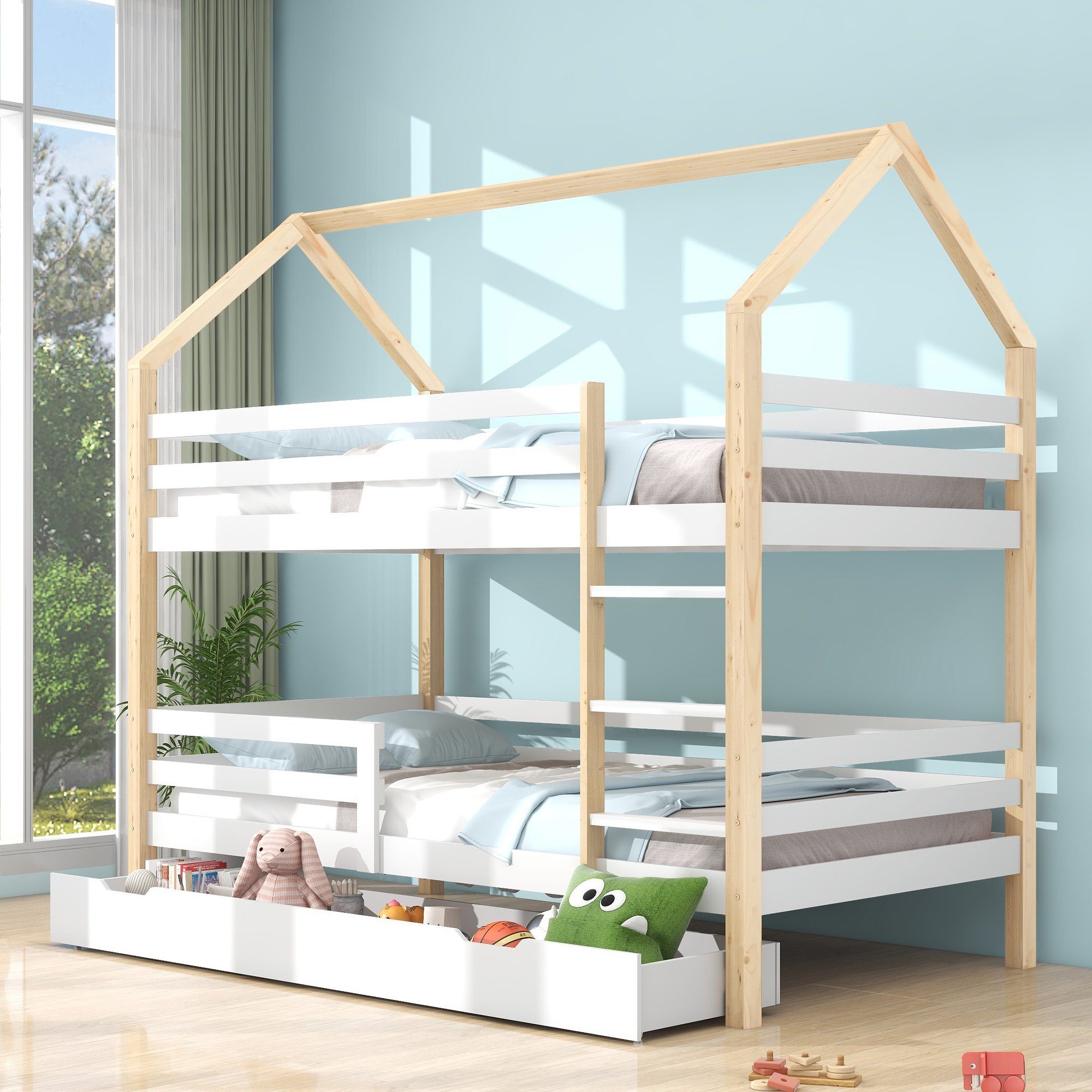 SOFTWEARY Etagenbett mit 2 Schlafgelegenheiten, Rollrost und Leiter (90x200 cm), Hausbett inkl. Rausfallschutz, Kinderbett, Kiefer