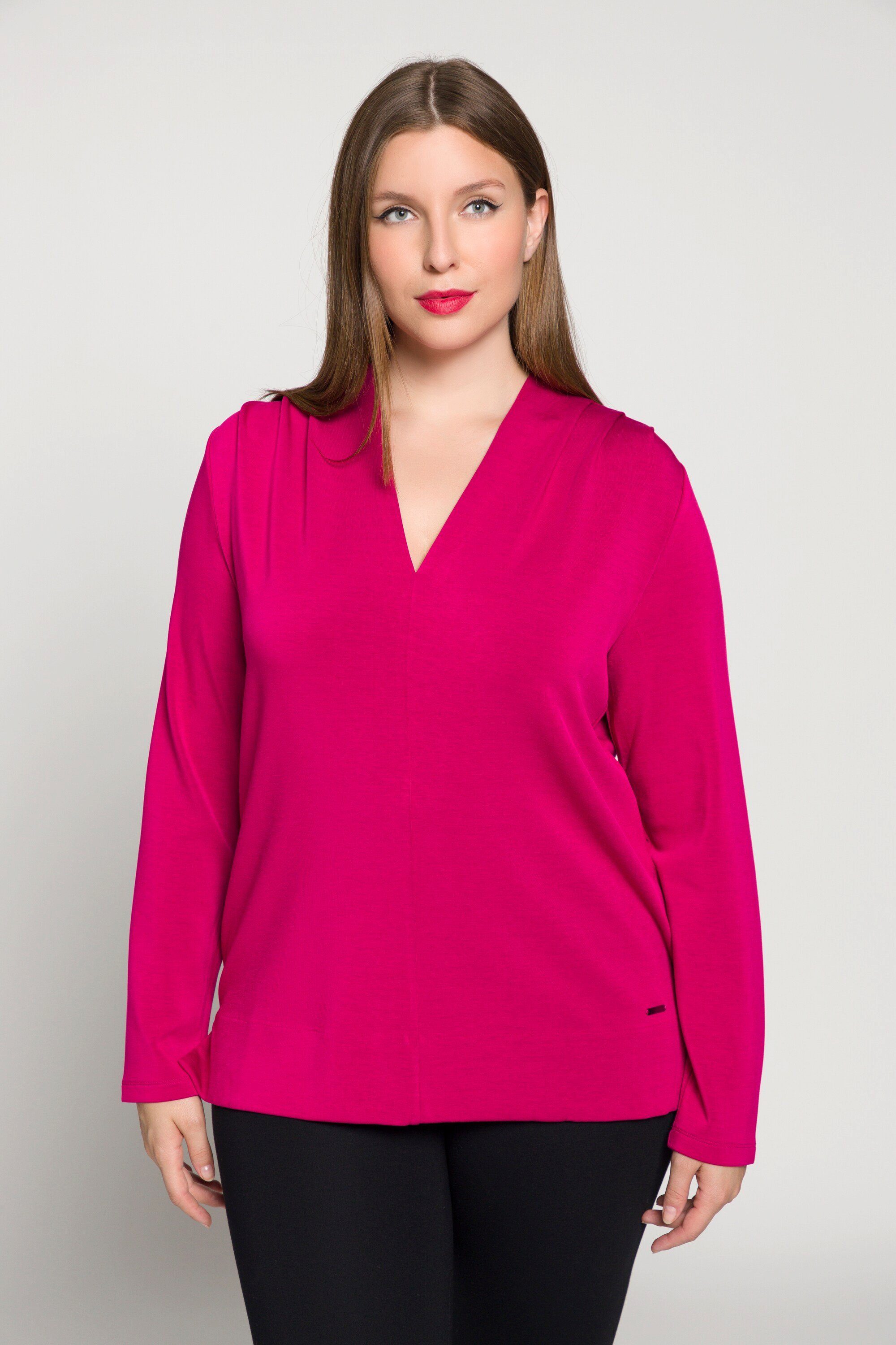 Langarm V-Ausschnitt Kelchkragen Shirt fuchsia Popken Ulla Rundhalsshirt Ziernaht