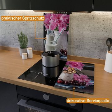 Wallario Herd-Abdeckplatte Milch mit Kirschen zum Frühstück mit rosa Blumenarrangement, ESG-Sicherheitsglas, (Glasplatte, 2 tlg., inkl. 5mm Noppen), verschiedene Größen