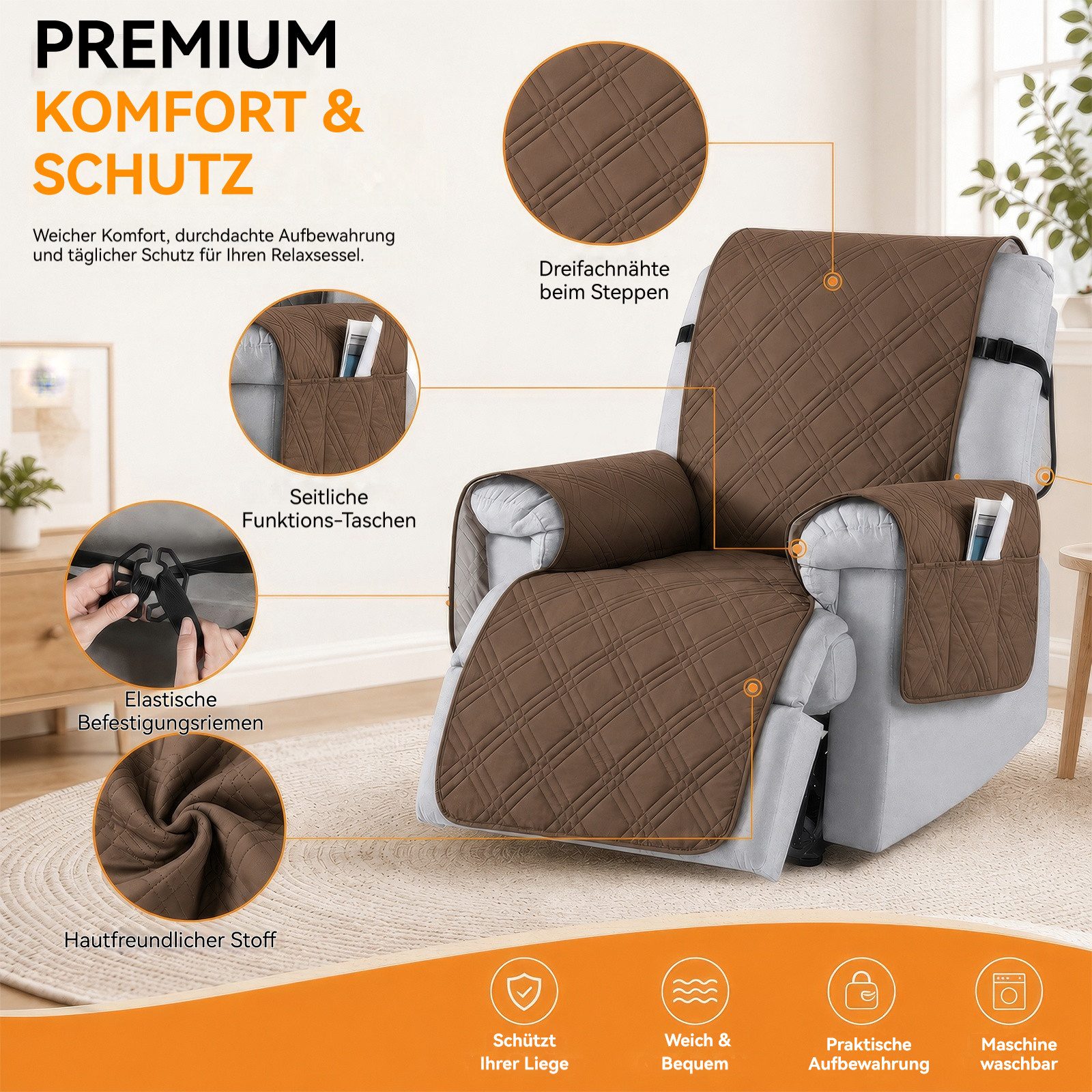 BlingBin Sesselschoner Sessel Überzug Rutschfest,Sesselbezug Fernsehsessel mit Taschen, 100% Wasserdicht, für Relaxsessel 1 Sitzer, Maschinenwaschbar – Bild 5 von 5